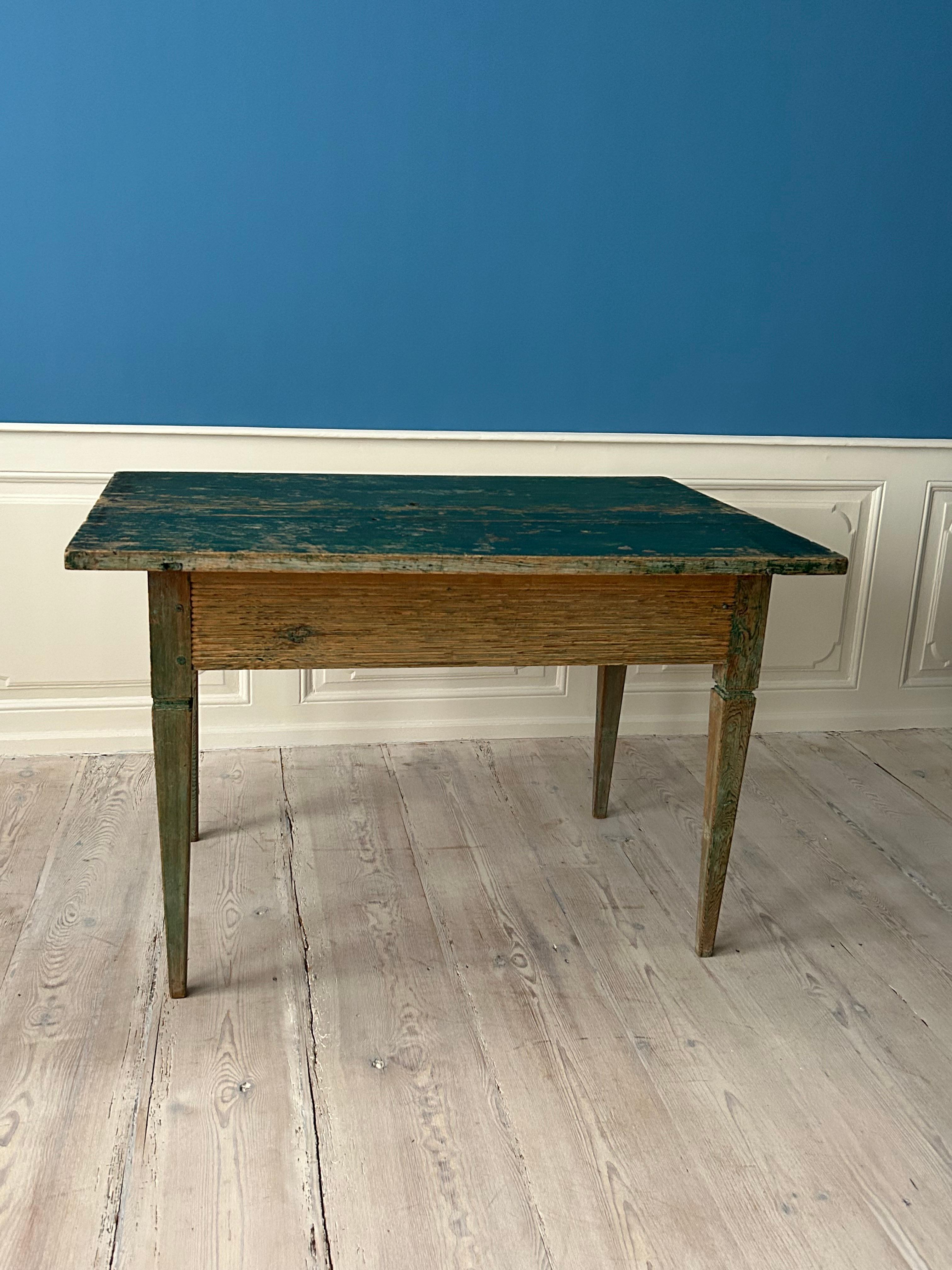 Swedish Antique Gustavian Pine Table with Green Paint, Sweden, Late 18th Century For Sale