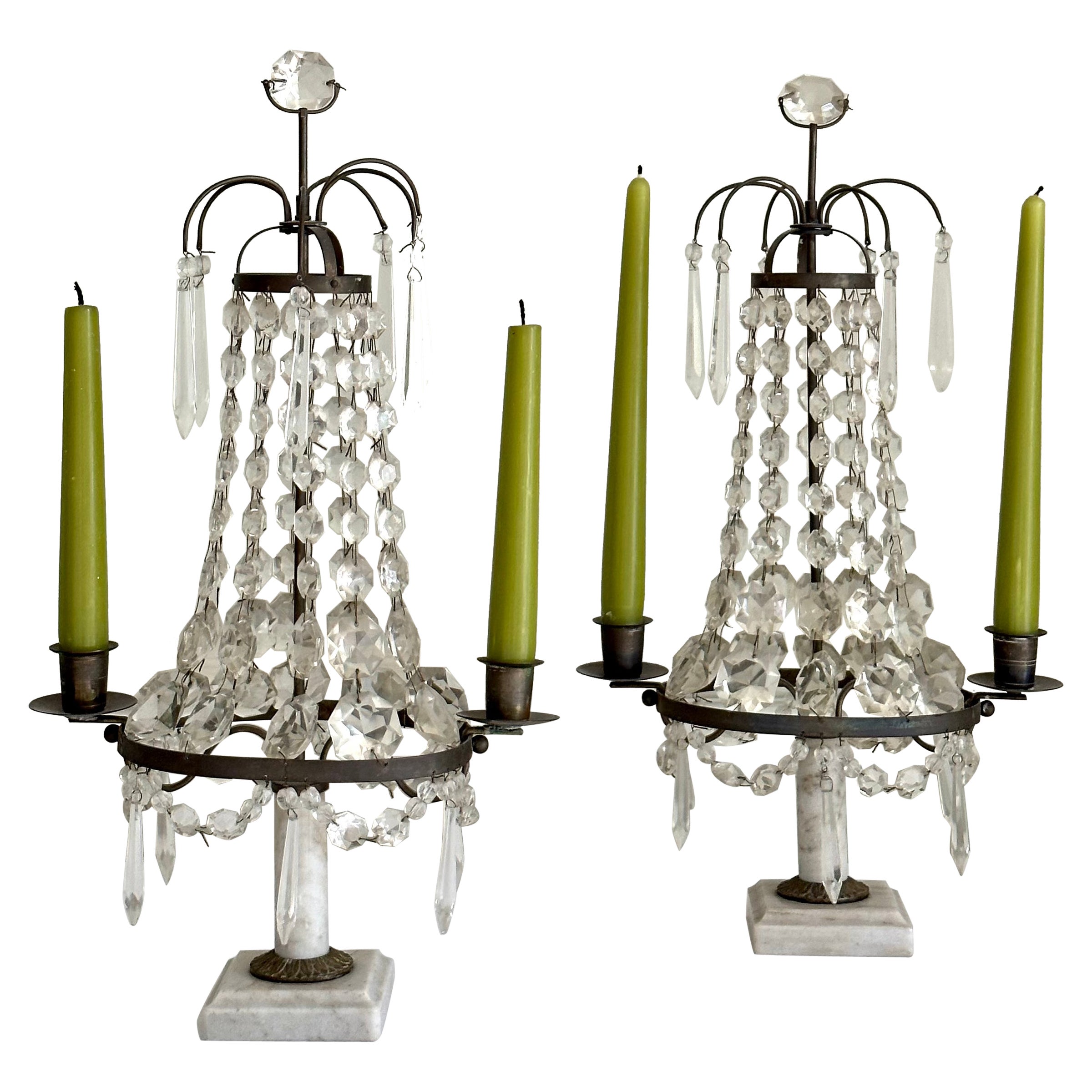 Antique chandelier de table girandoles scandinave gustavien en cristal et marbre
