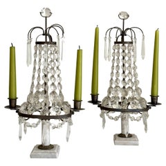 Antique Gustavian Scandinavian Crystal & Marble Table Candelabra Girandoles
