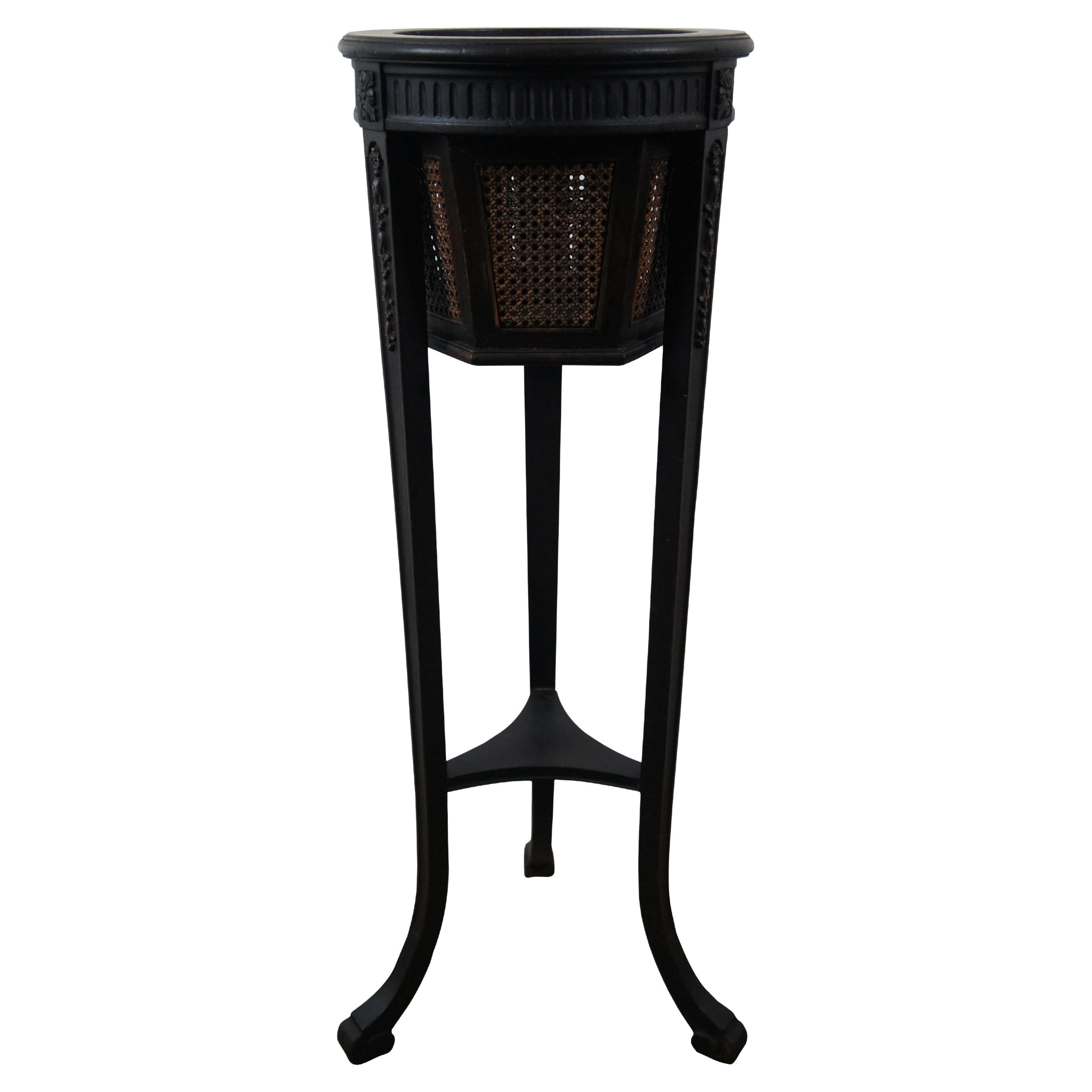 Antique Gustavian Style Black Painted Mahogany Caned Pedestal Plant Stand 36" For Sale