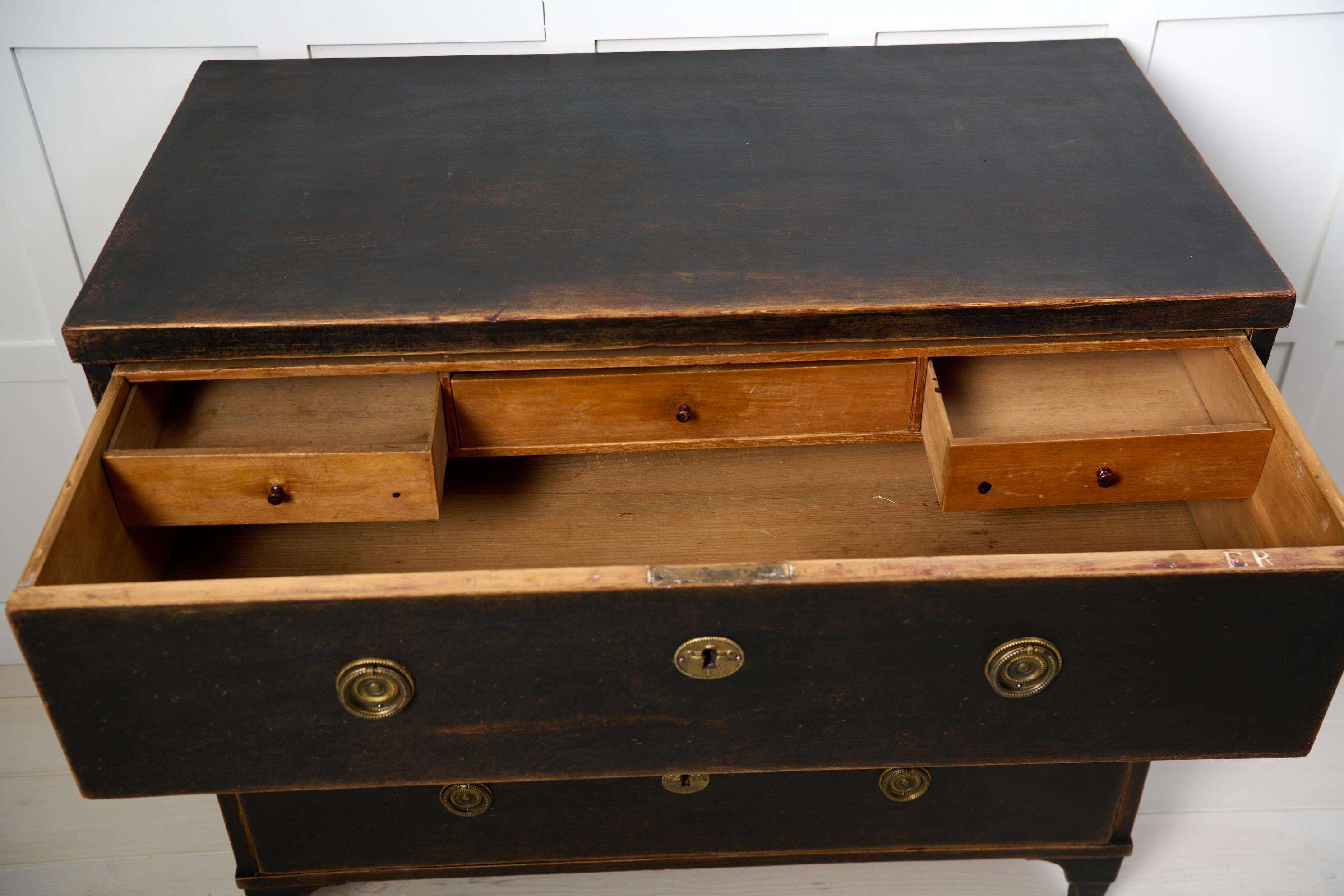 Antique Gustavian Style Chest, Swedish Genuine Country Black Pine with Drawers For Sale 5