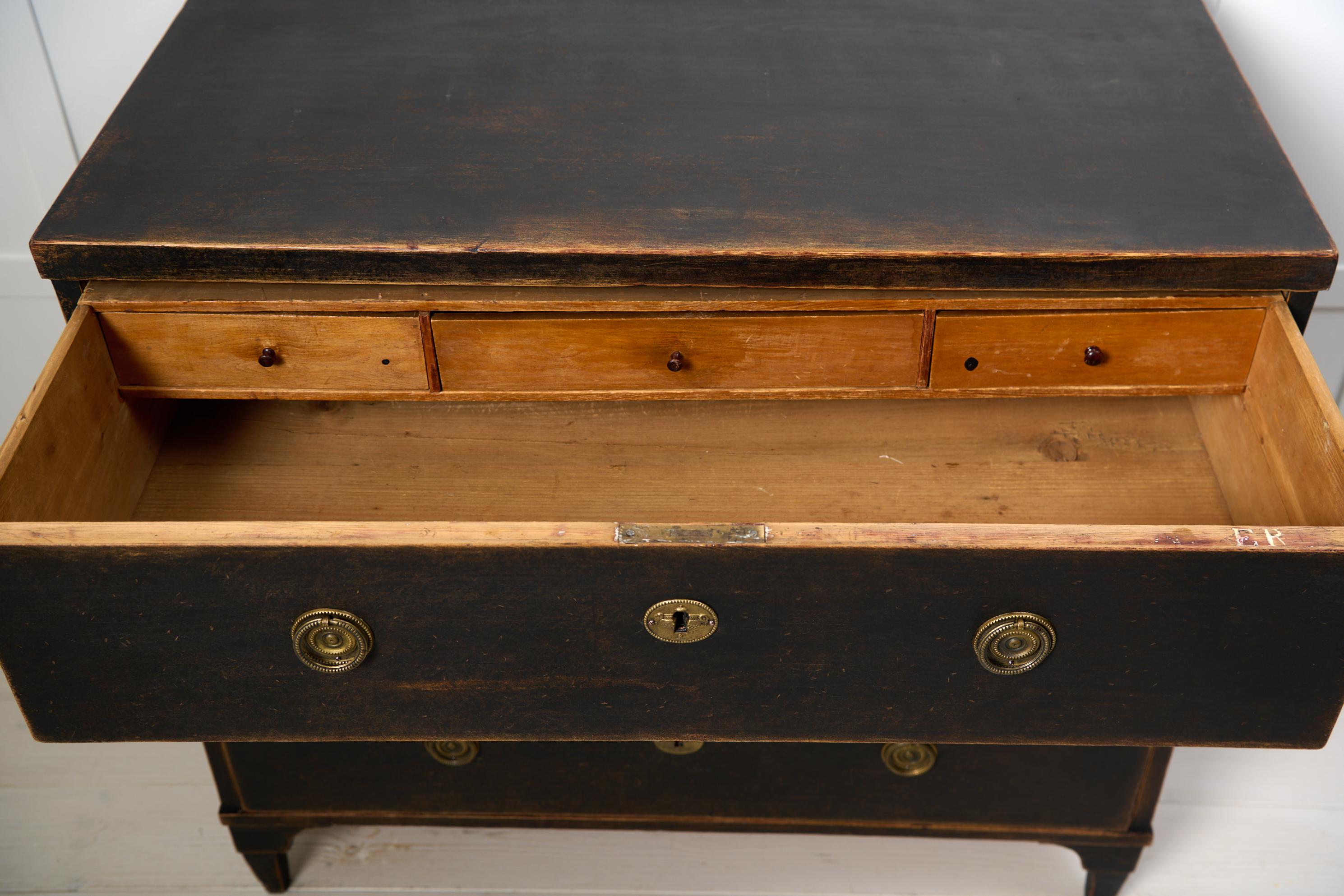 Antique Gustavian Style Chest, Swedish Genuine Country Black Pine with Drawers For Sale 4