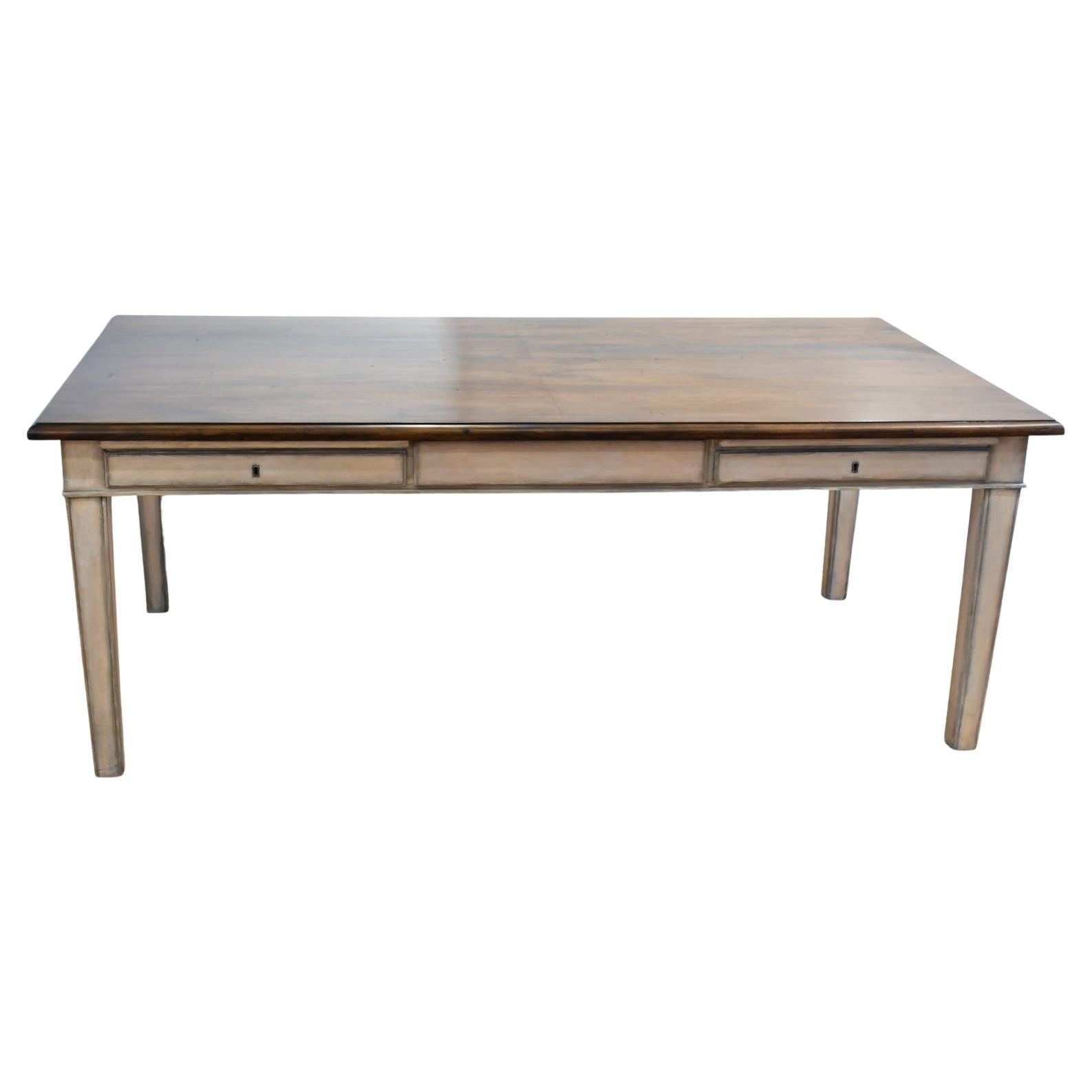 Scandinavian Antique Gustavian-Style Grey-Painted Dining Table w/ Dark Faux-Bois Grained Top For Sale