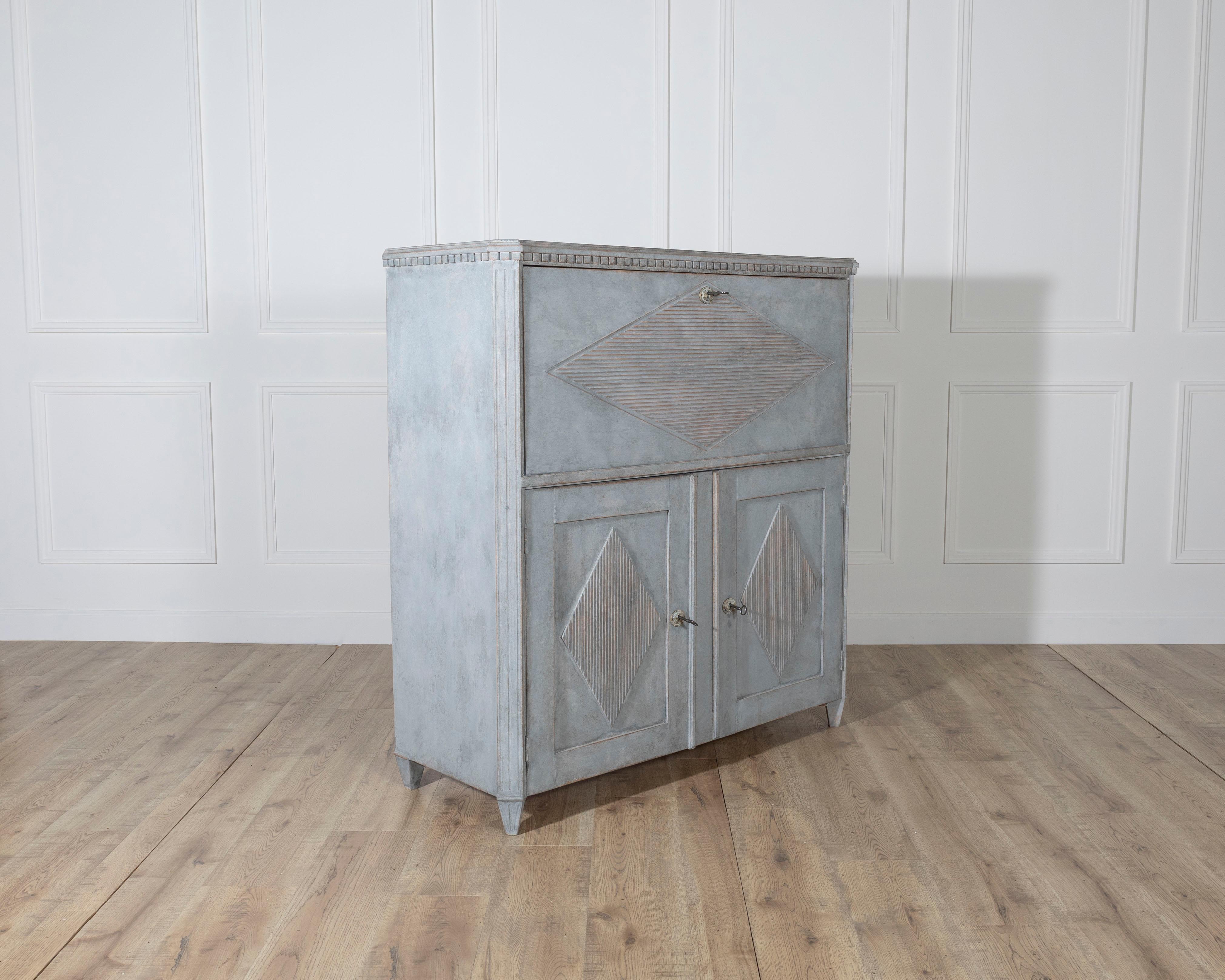 Swedish Antique Gustavian Style Painted Bureau in Blue, circa 1840–1850 For Sale