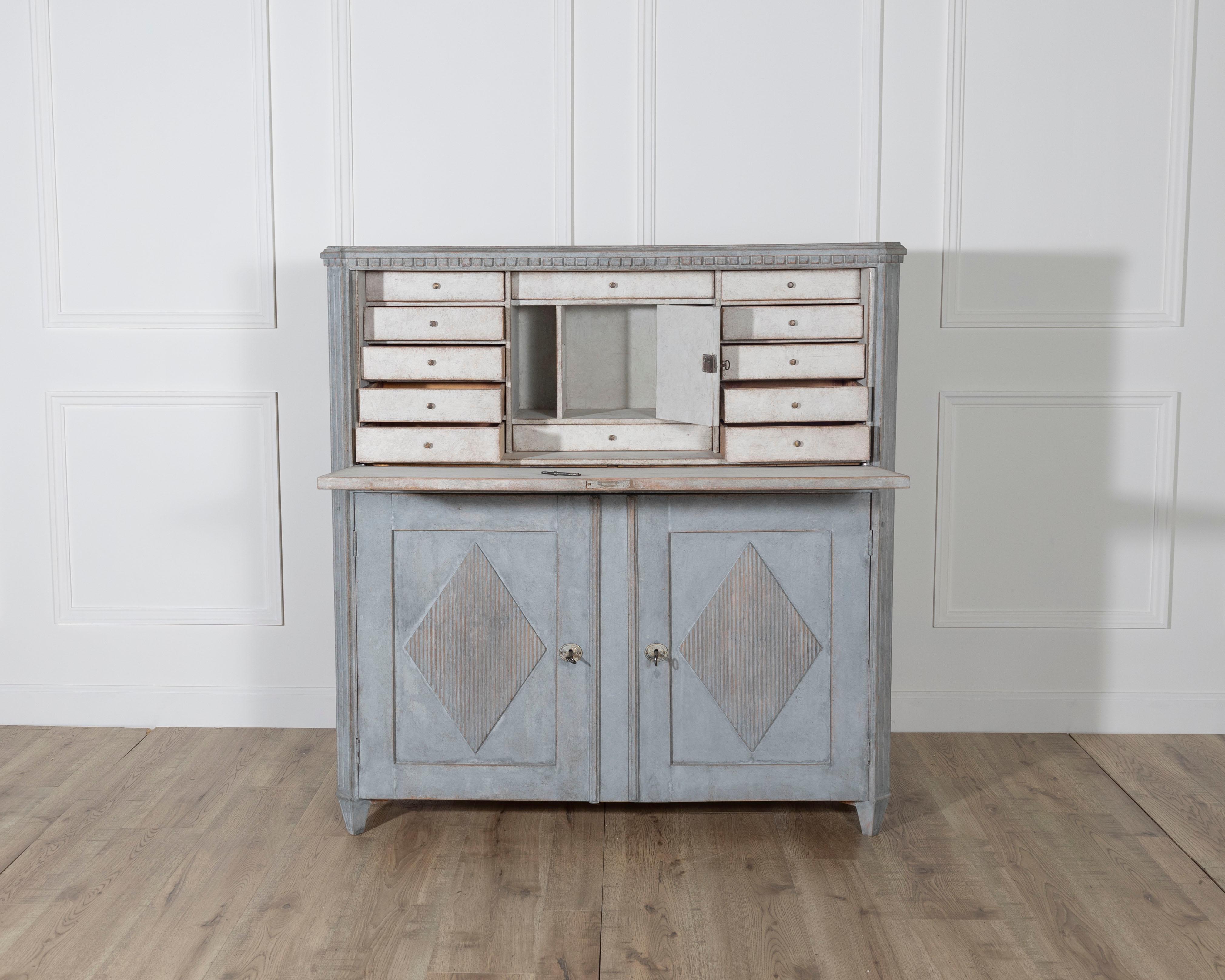 Pine Antique Gustavian Style Painted Bureau in Blue, circa 1840–1850 For Sale