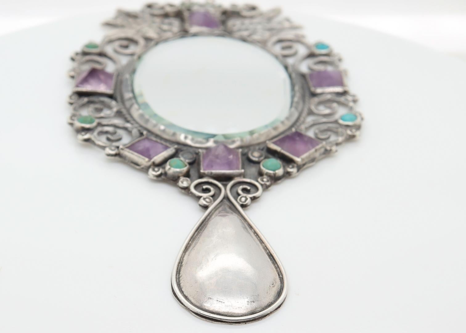 Antique Gustavo Martinez Mexican Sterling Silver Hand Mirror with Gemstones For Sale 4