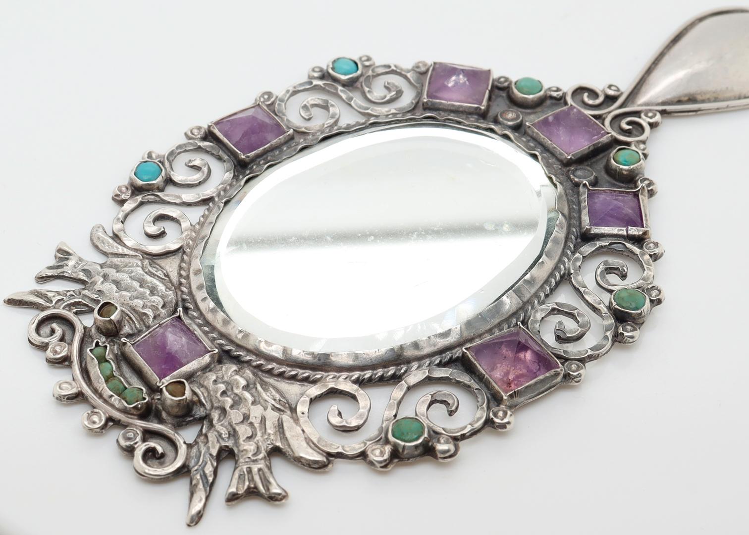 Antique Gustavo Martinez Mexican Sterling Silver Hand Mirror with Gemstones For Sale 8