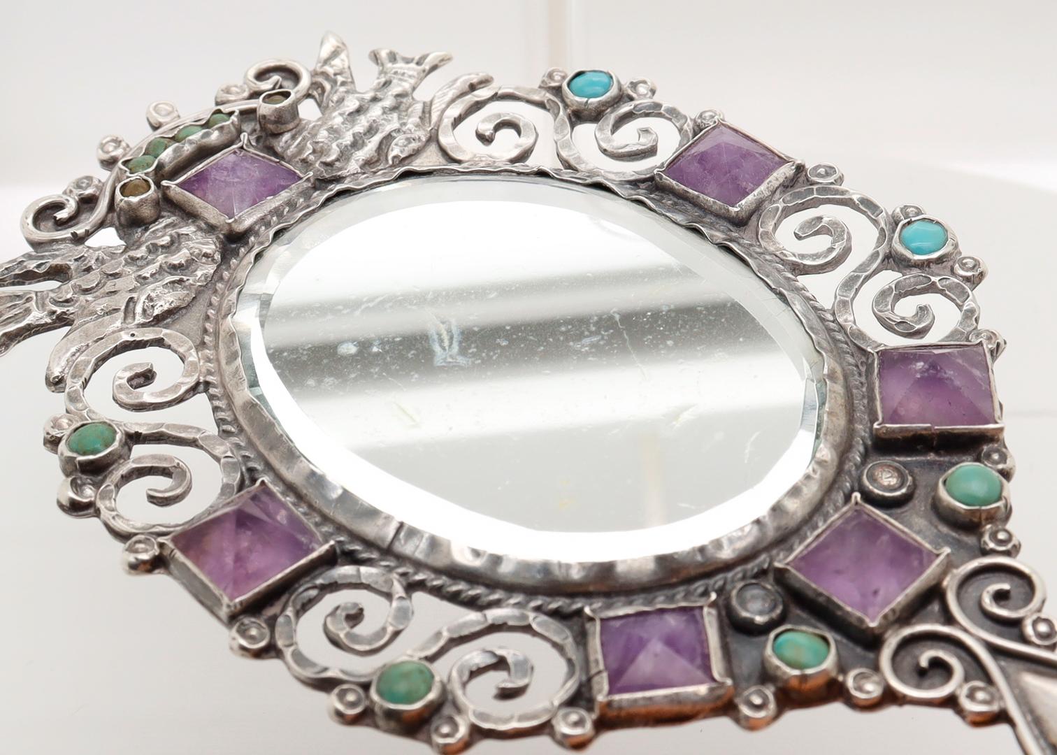 Antique Gustavo Martinez Mexican Sterling Silver Hand Mirror with Gemstones For Sale 10