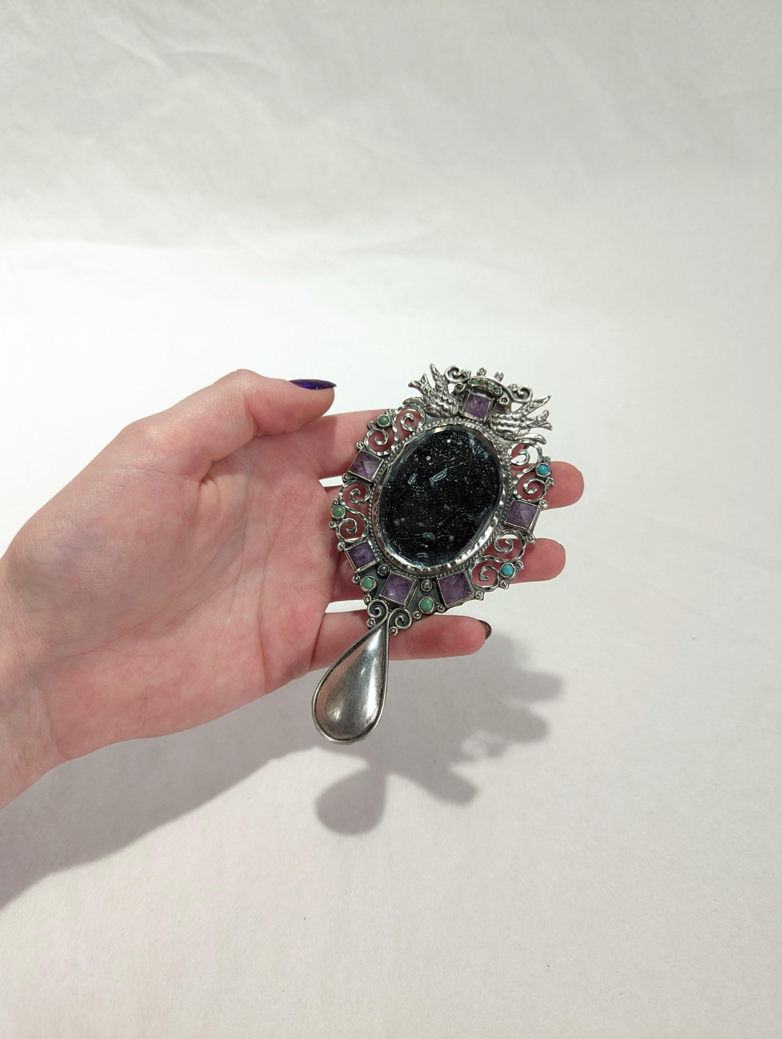 Antique Gustavo Martinez Mexican Sterling Silver Hand Mirror with Gemstones For Sale 11