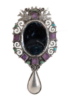 Antique Gustavo Martinez Mexican Sterling Silver Hand Mirror with Gemstones