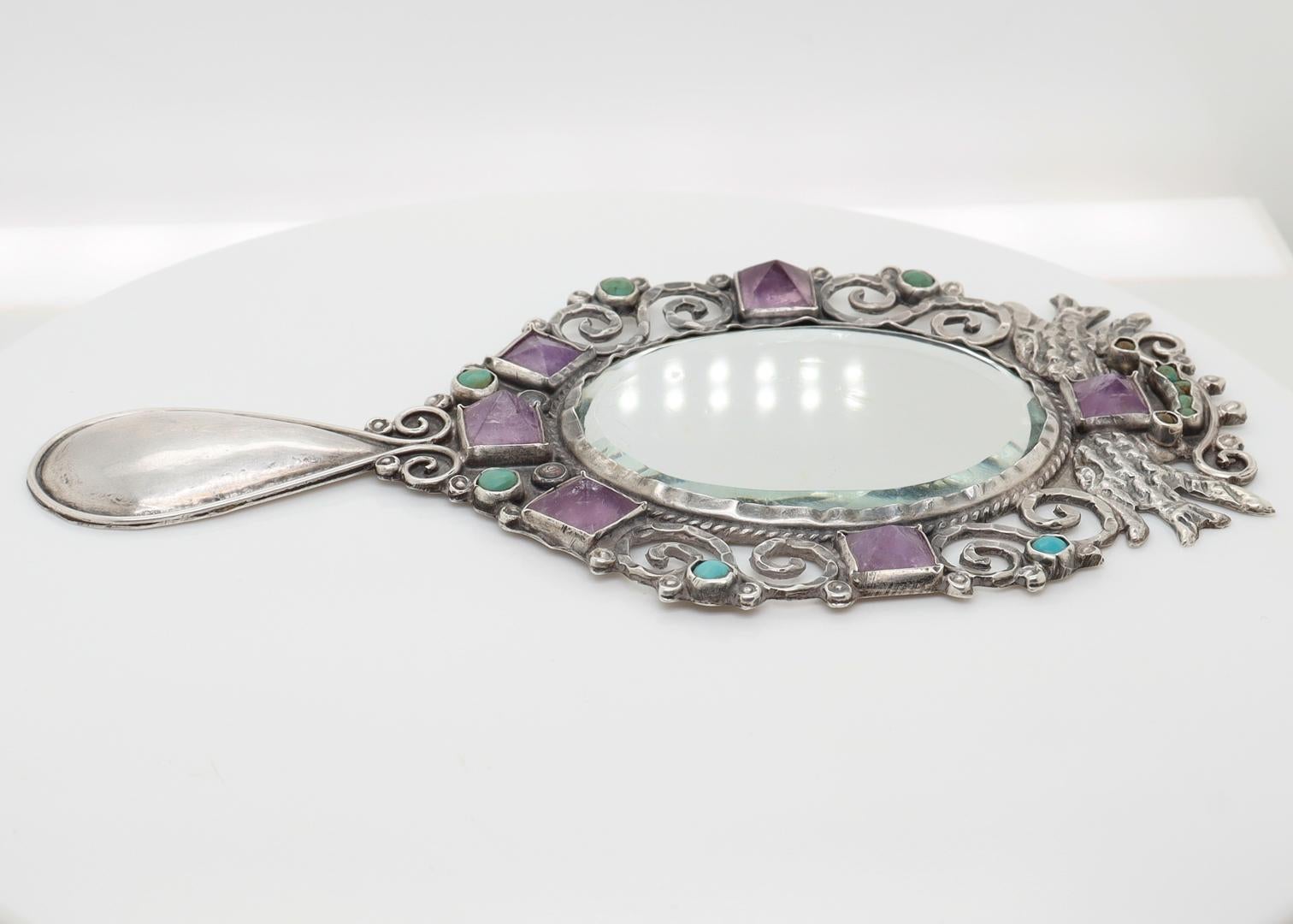 Cabochon Antique Gustavo Martinez Mexican Sterling Silver Hand Mirror with Gemstones For Sale