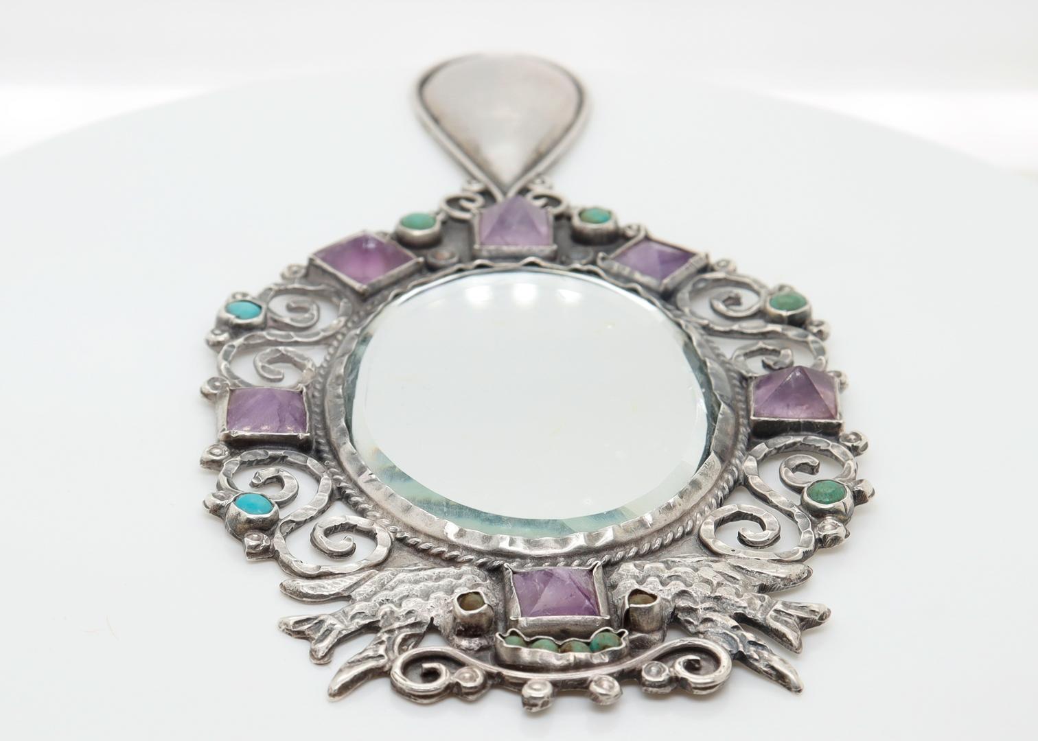 Antique Gustavo Martinez Mexican Sterling Silver Hand Mirror with Gemstones In Good Condition For Sale In Philadelphia, PA