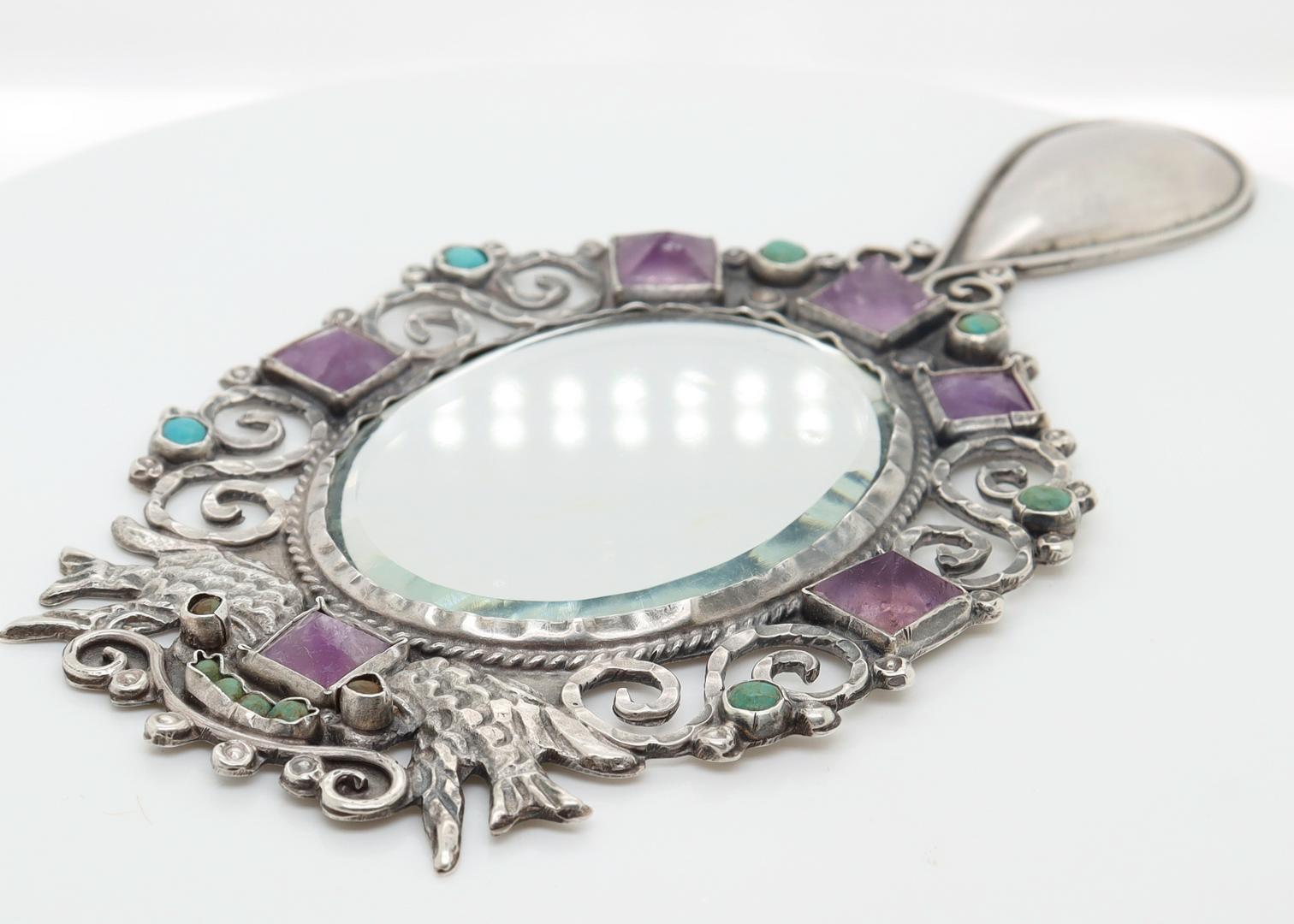 Women's Antique Gustavo Martinez Mexican Sterling Silver Hand Mirror with Gemstones For Sale