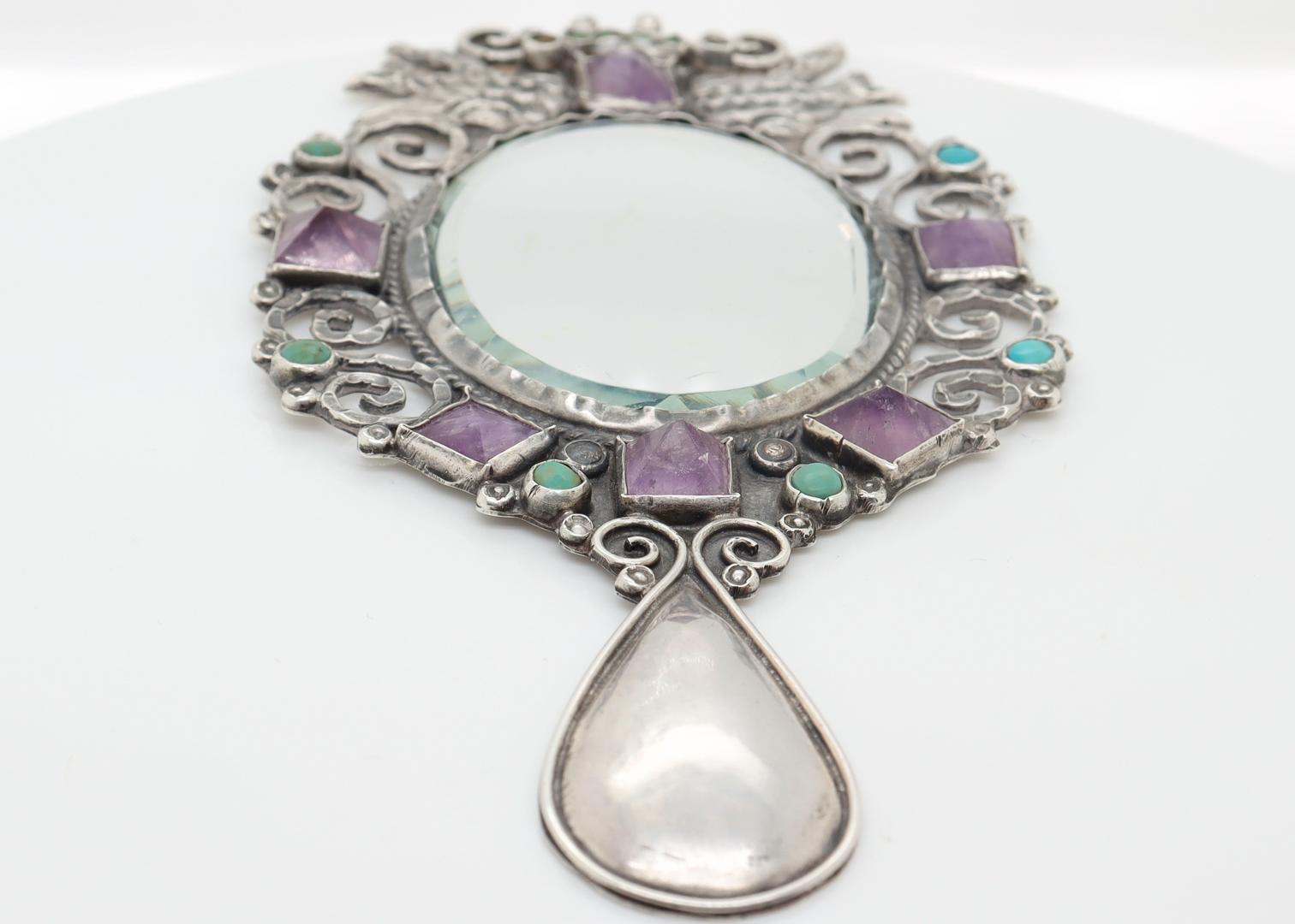 Antique Gustavo Martinez Mexican Sterling Silver Hand Mirror with Gemstones For Sale 3
