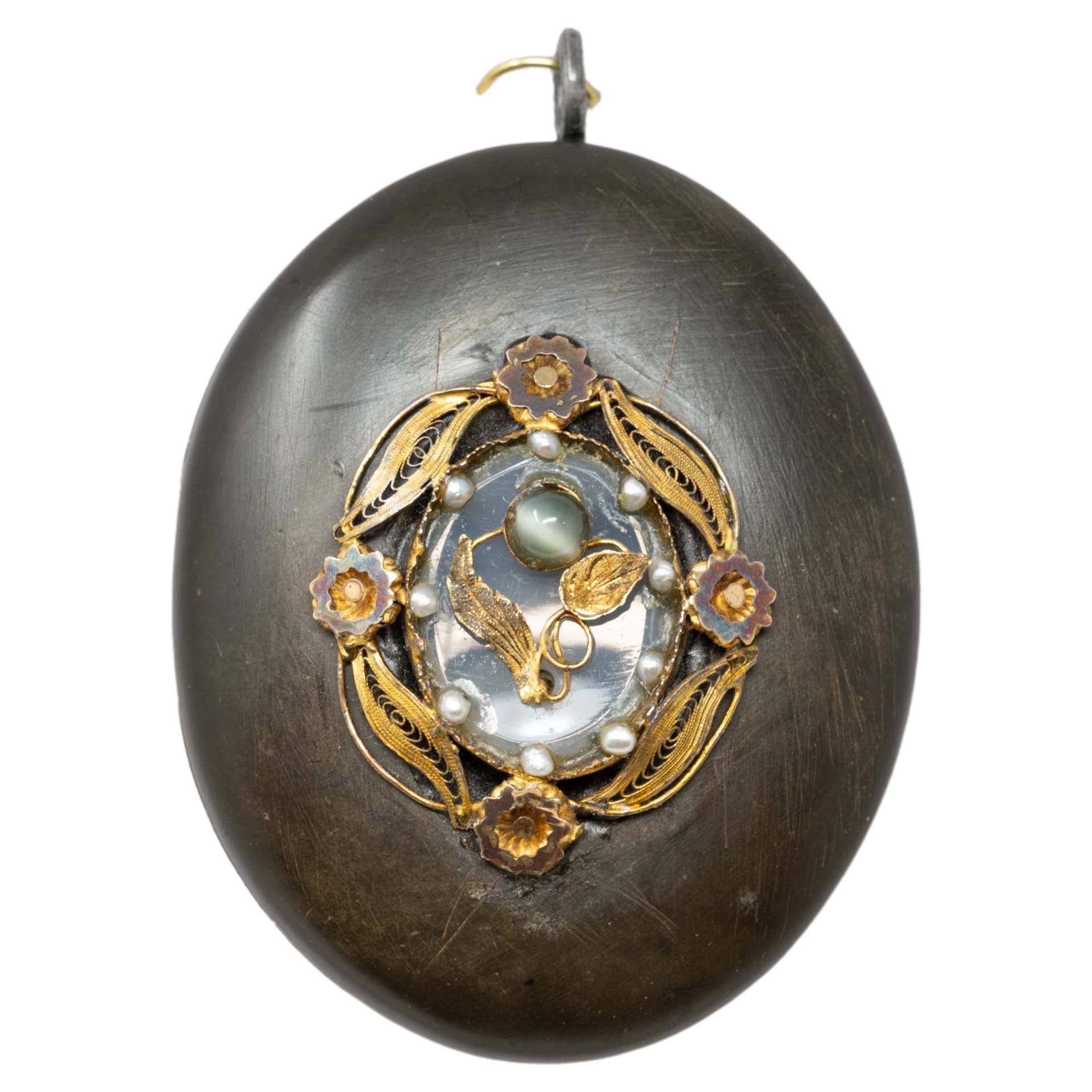 Antique Gutta Percha 14k Gold & Pearl Locket Pendant For Sale