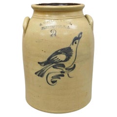 Antiquités G.W. Fulper & Bros Poterie en grès de deux gallons avec oiseau bleu cobalt