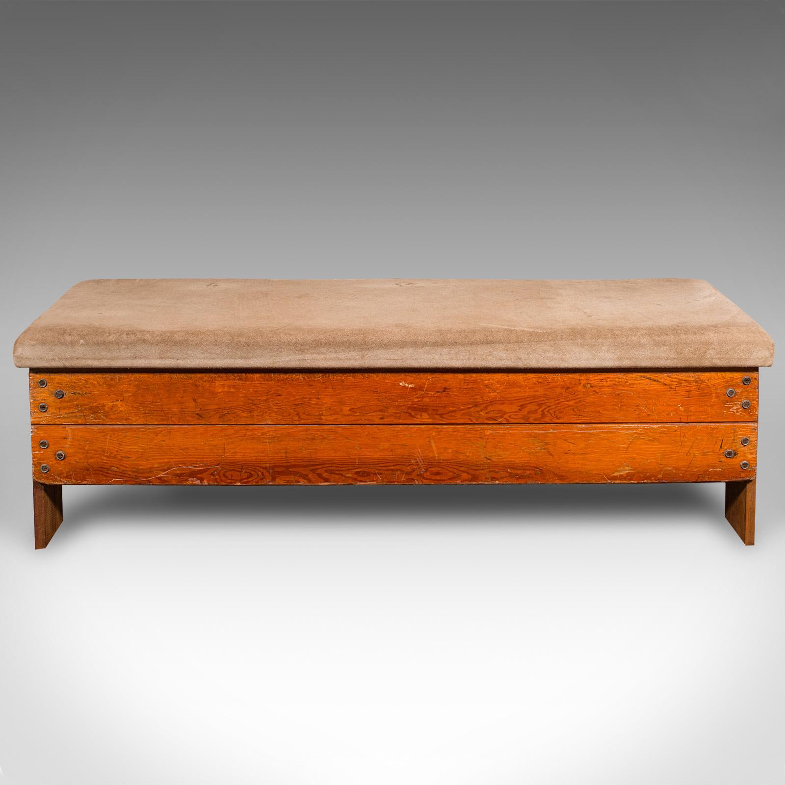 This is an antique gymnasium bench. An English, pine and suede window seat, dating to the early 20th century, circa 1920.

Versatile bench graced with character, quality and nostalgic appeal
Displays a desirable aged patina and in good order
Pine