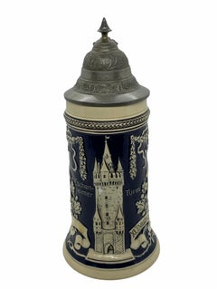Antique Gymnastics Frankfurt Main Lidded Beer Stein glazed Ceramic, 1908