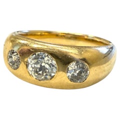 Antique Gypsy Set 3 Stone Old European Cut Diamond Ring 14K Yellow Gold