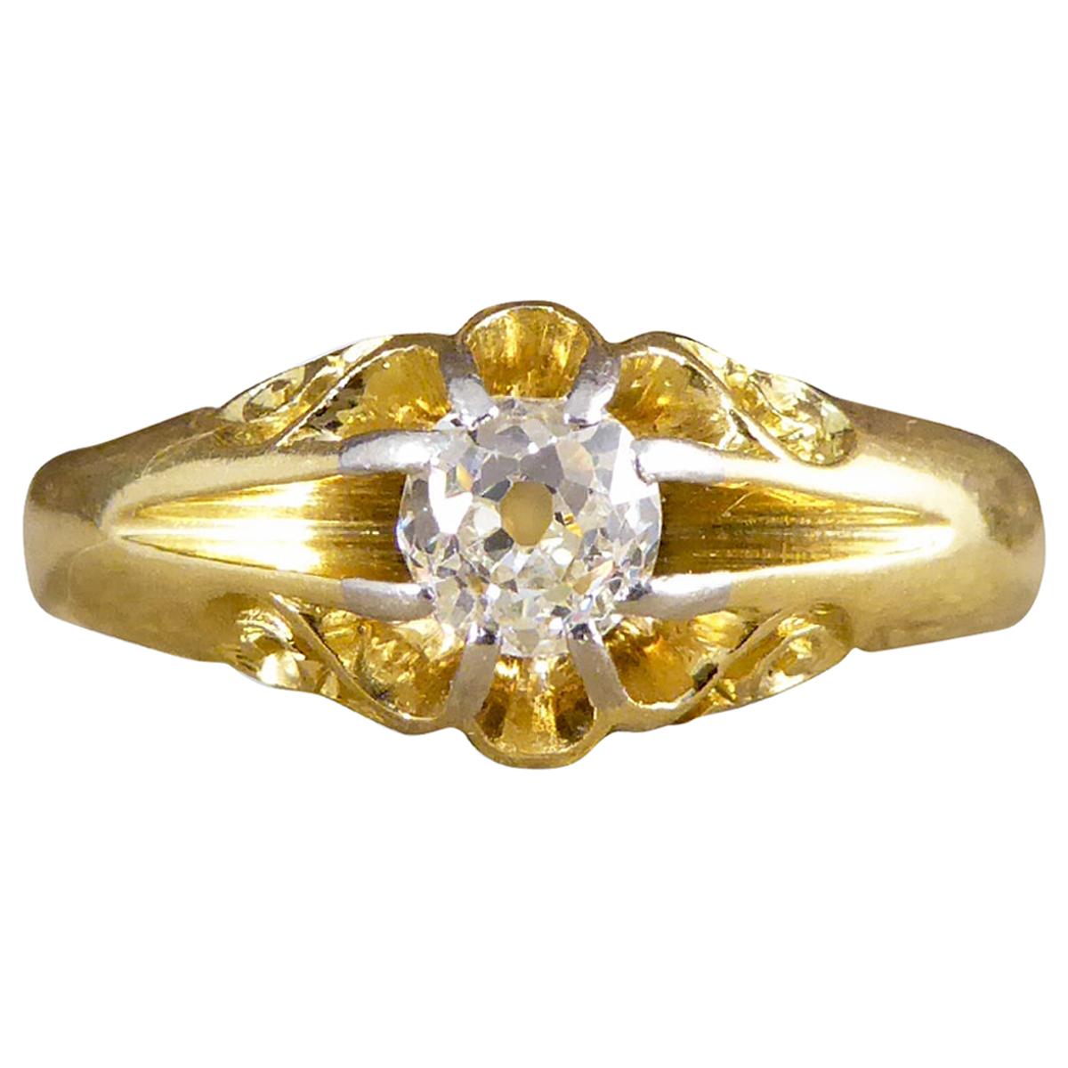 Antique Gypsy Set Diamond Ring with Detailed Shoulders in 18 Carat Gold