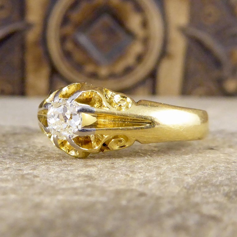 Antique Gypsy Set Diamond Ring with Detailed Shoulders in 18 Carat Gold