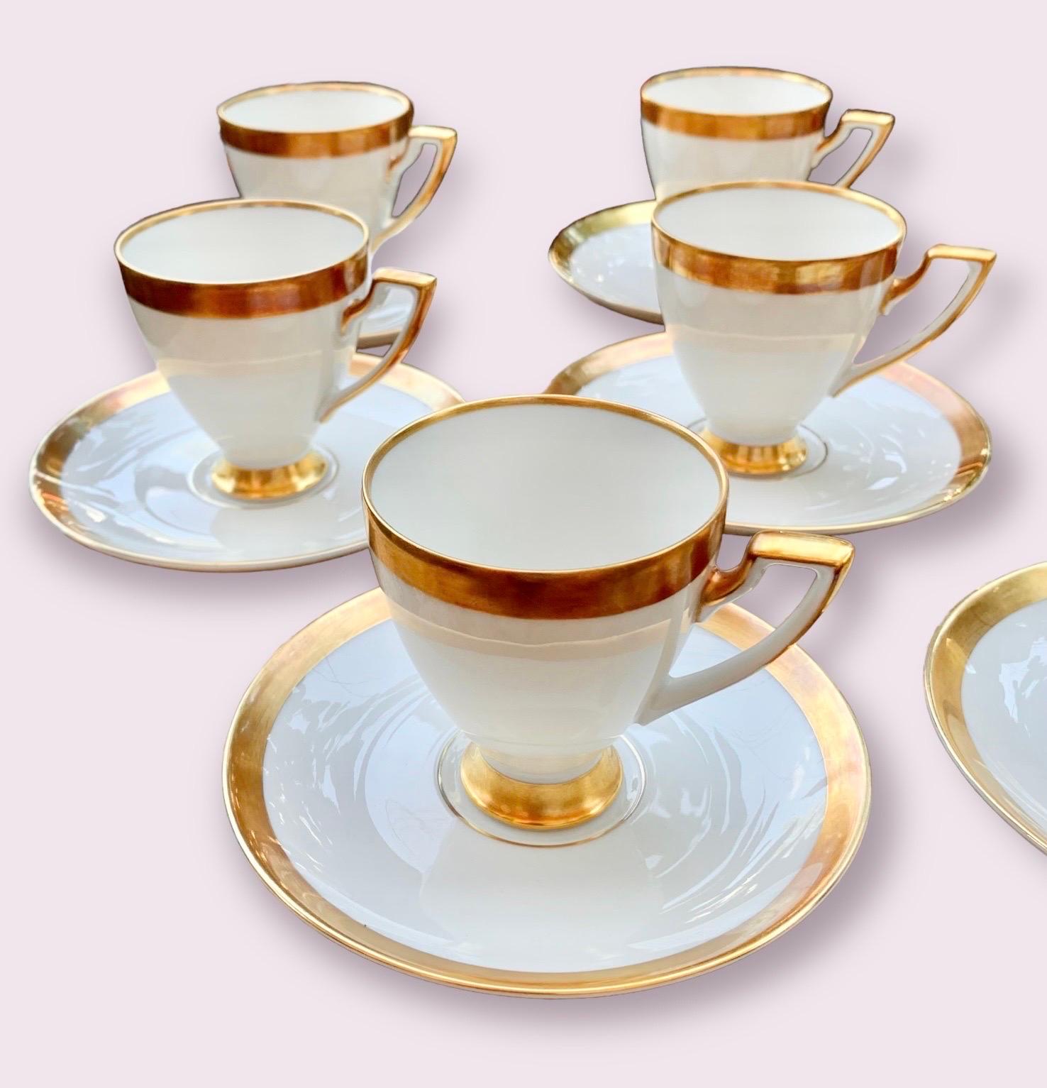 Or Service à café ancien en porcelaine blanche allemande H & G Heinrich, bandes dorées en vente