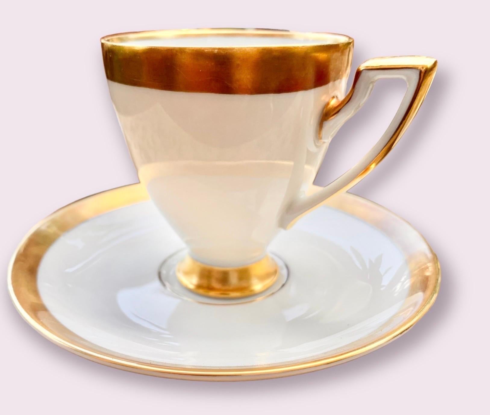 Service à café ancien en porcelaine blanche allemande H & G Heinrich, bandes dorées en vente 1