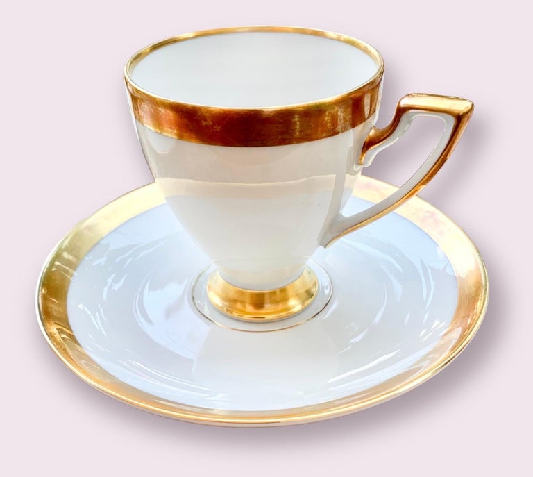 Art Deco Antique H & G Heinrich German White Porcelain, Gold Banded Coffee Service For Sale