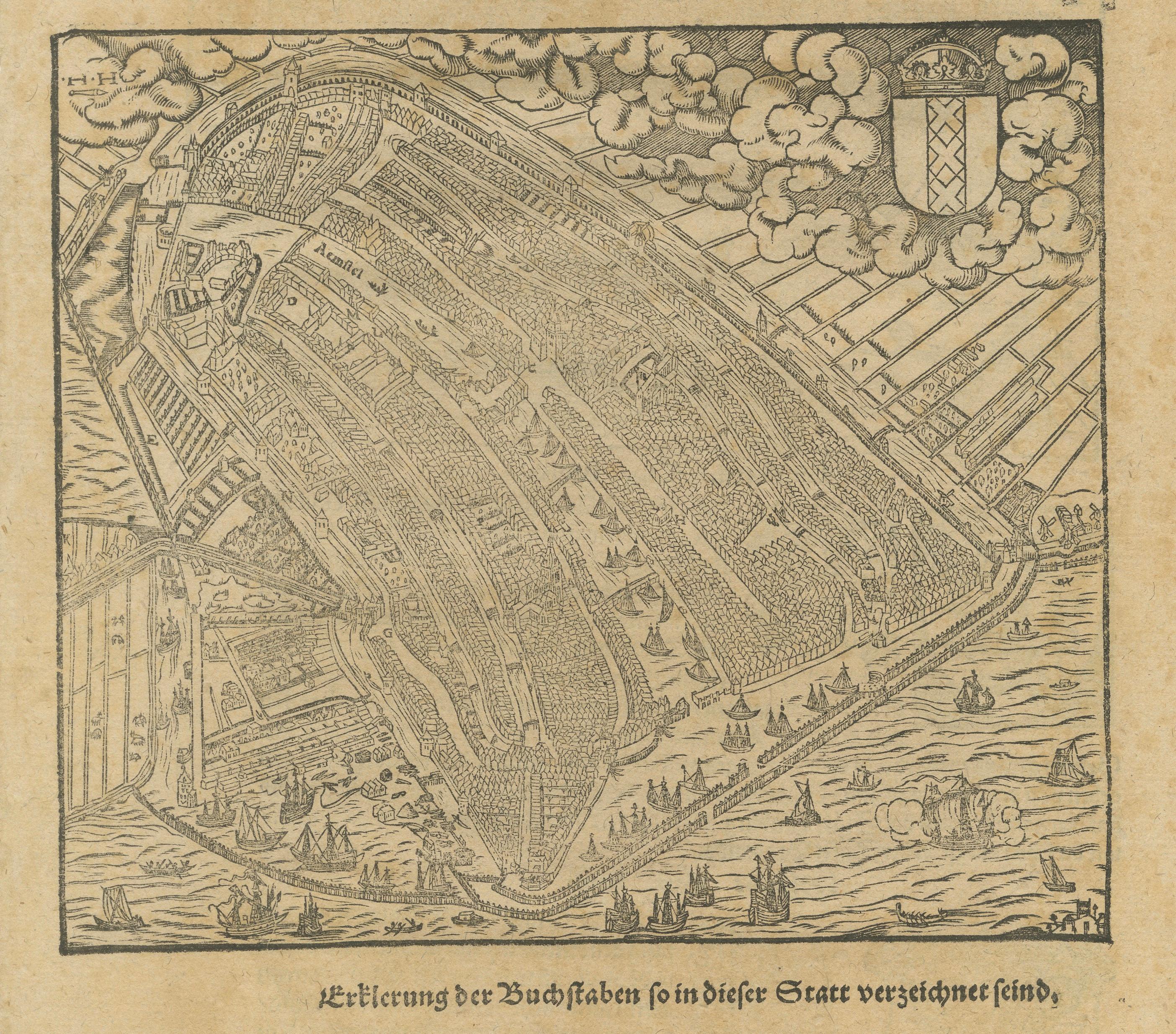 Antique Haarlem Map, Sebastian Münster Cosmographia Woodcut, c.1575