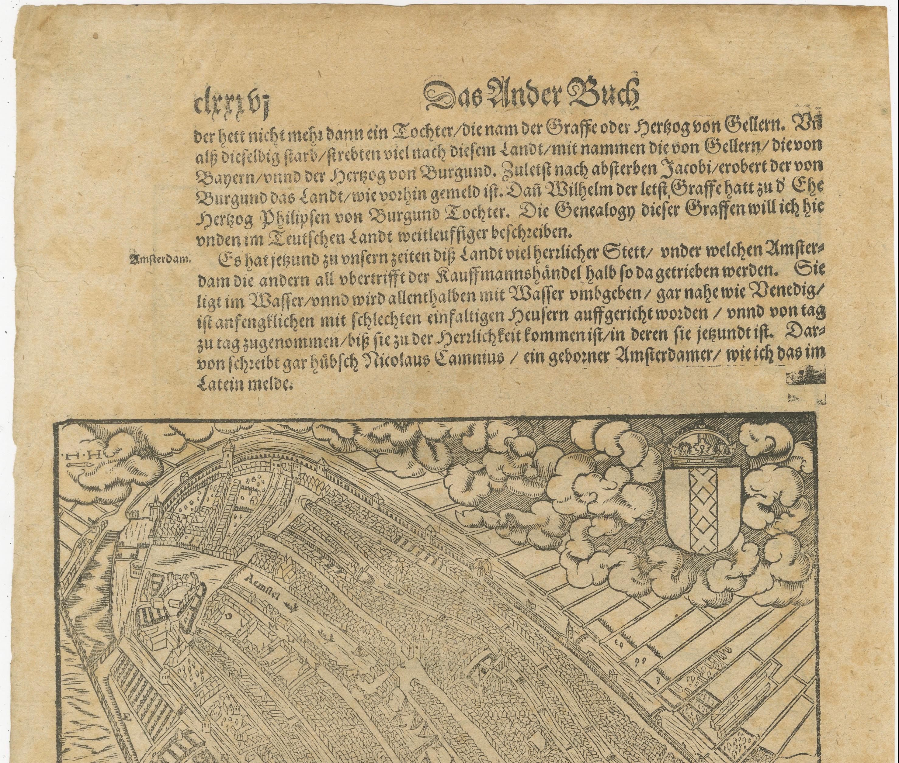 Antique Haarlem Map, Sebastian Münster Cosmographia Woodcut, c.1575