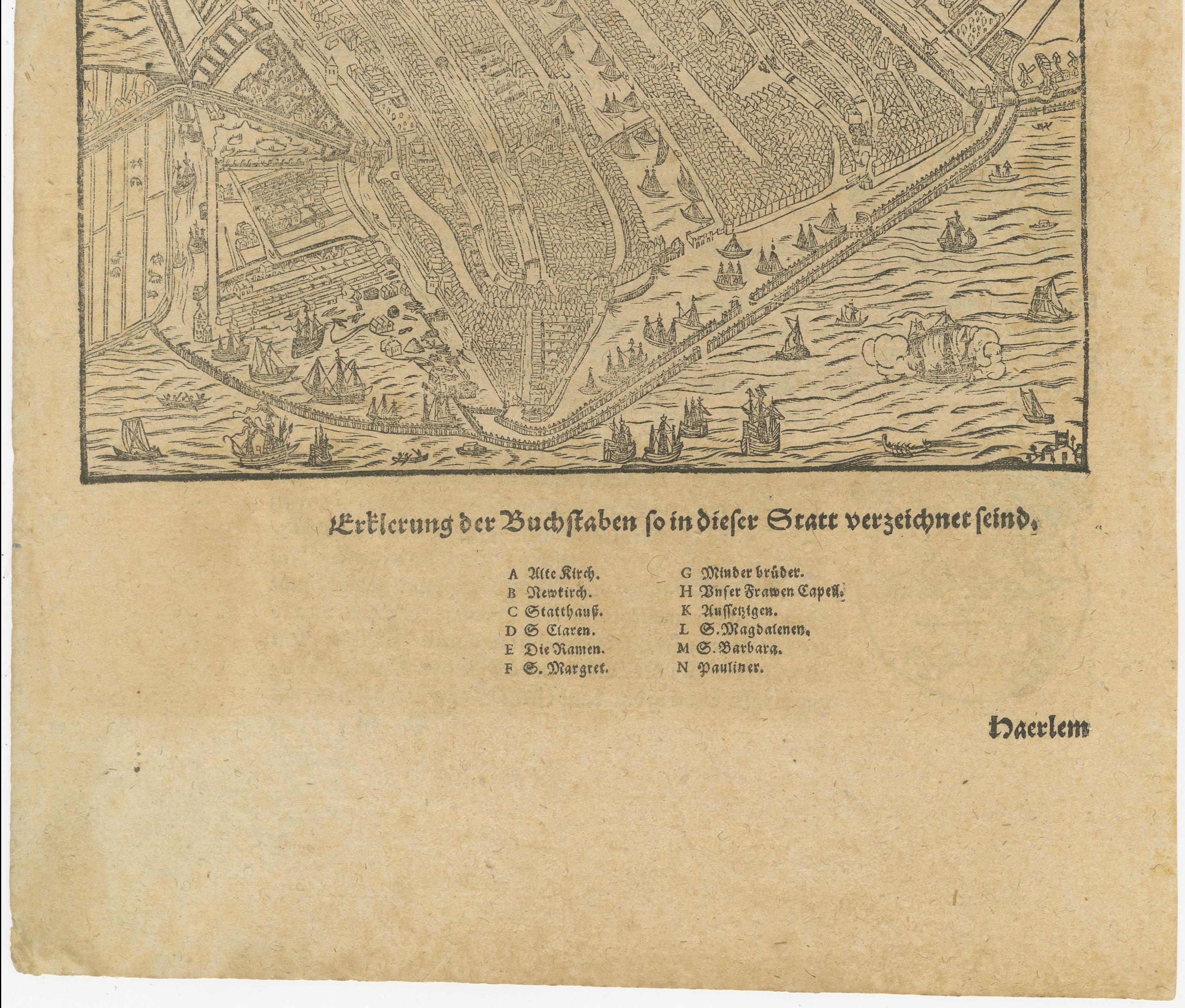 Antique Haarlem Map, Sebastian Münster Cosmographia Woodcut, c.1575