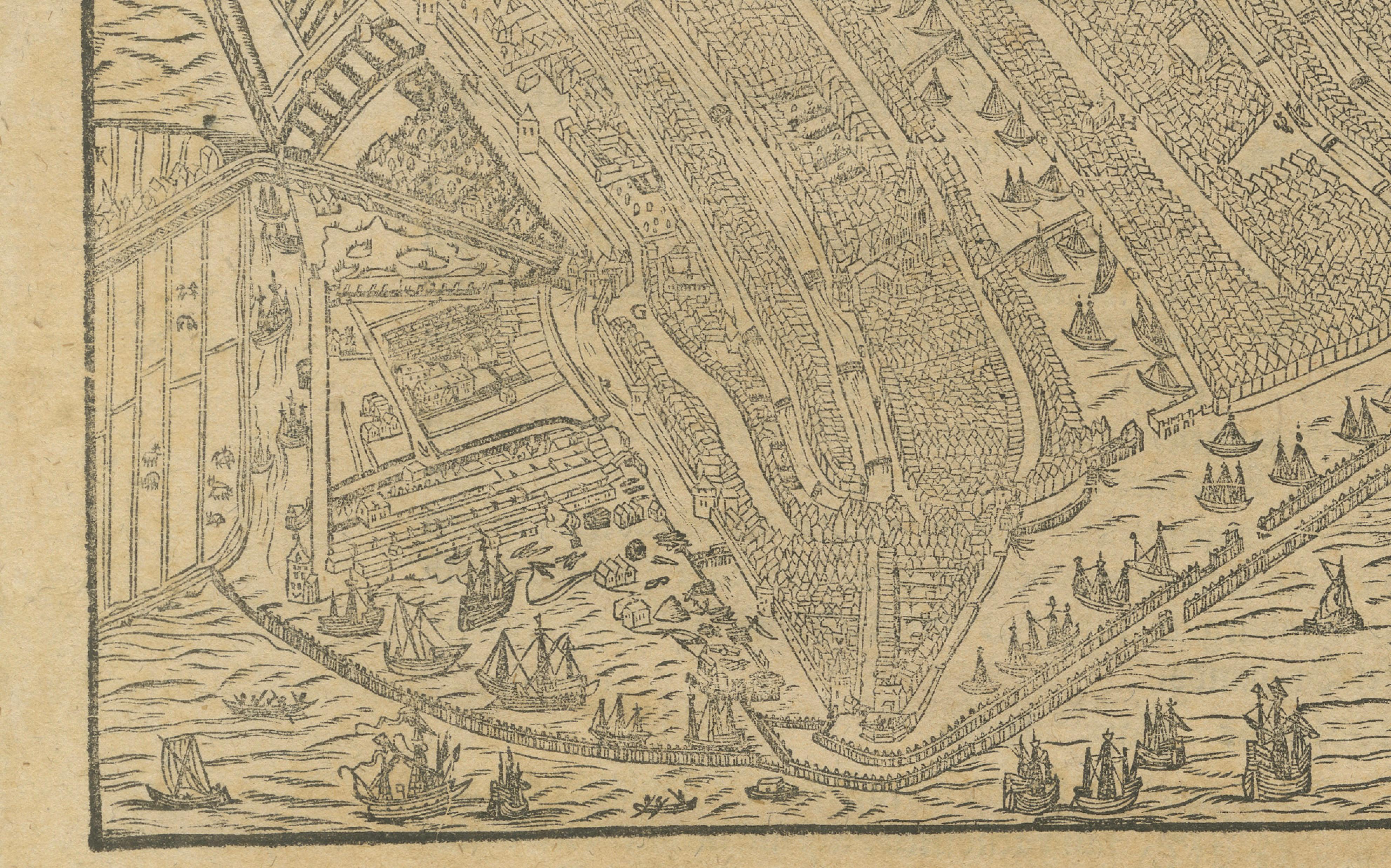 Antique Haarlem Map, Sebastian Münster Cosmographia Woodcut, c.1575