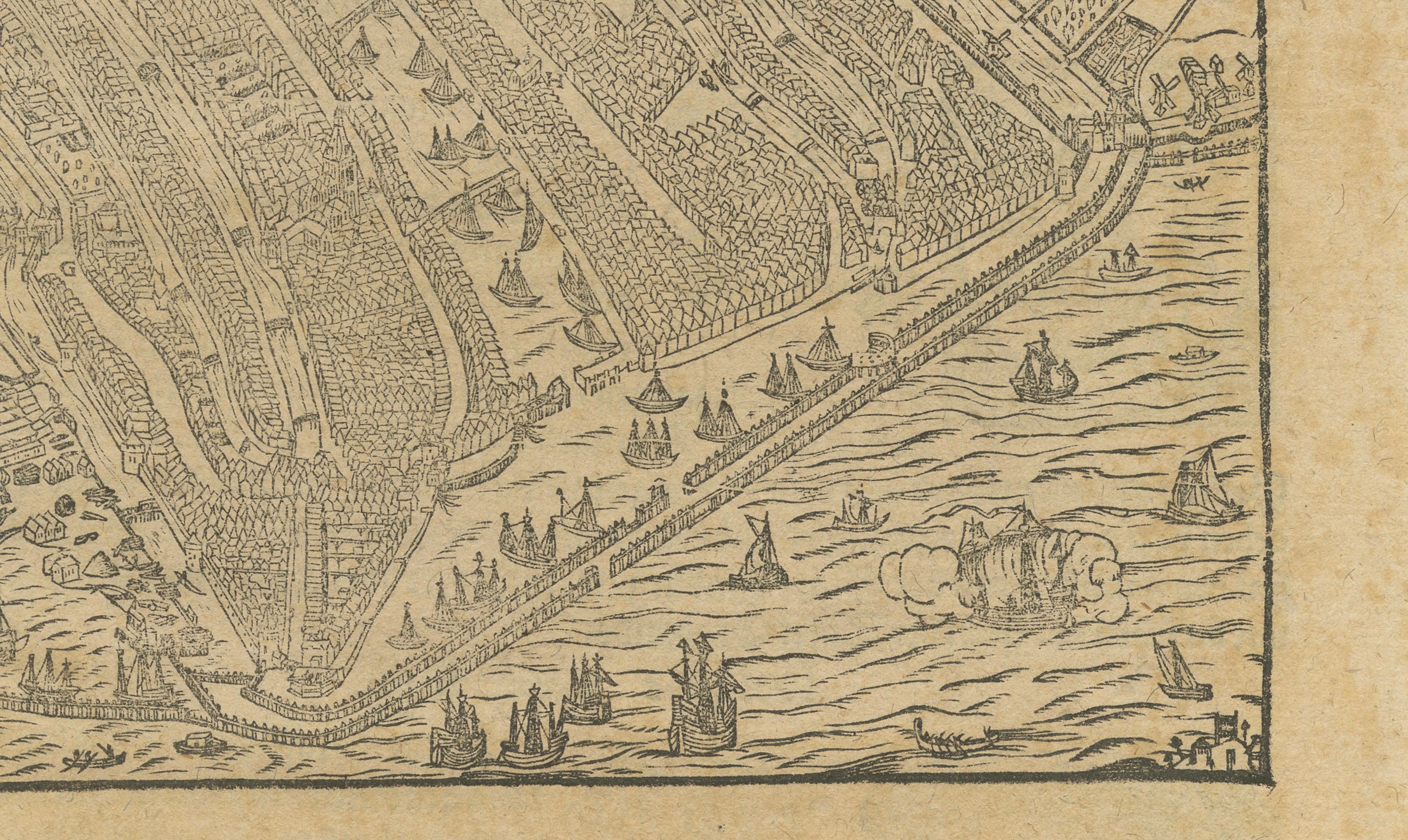 Antique Haarlem Map, Sebastian Münster Cosmographia Woodcut, c.1575