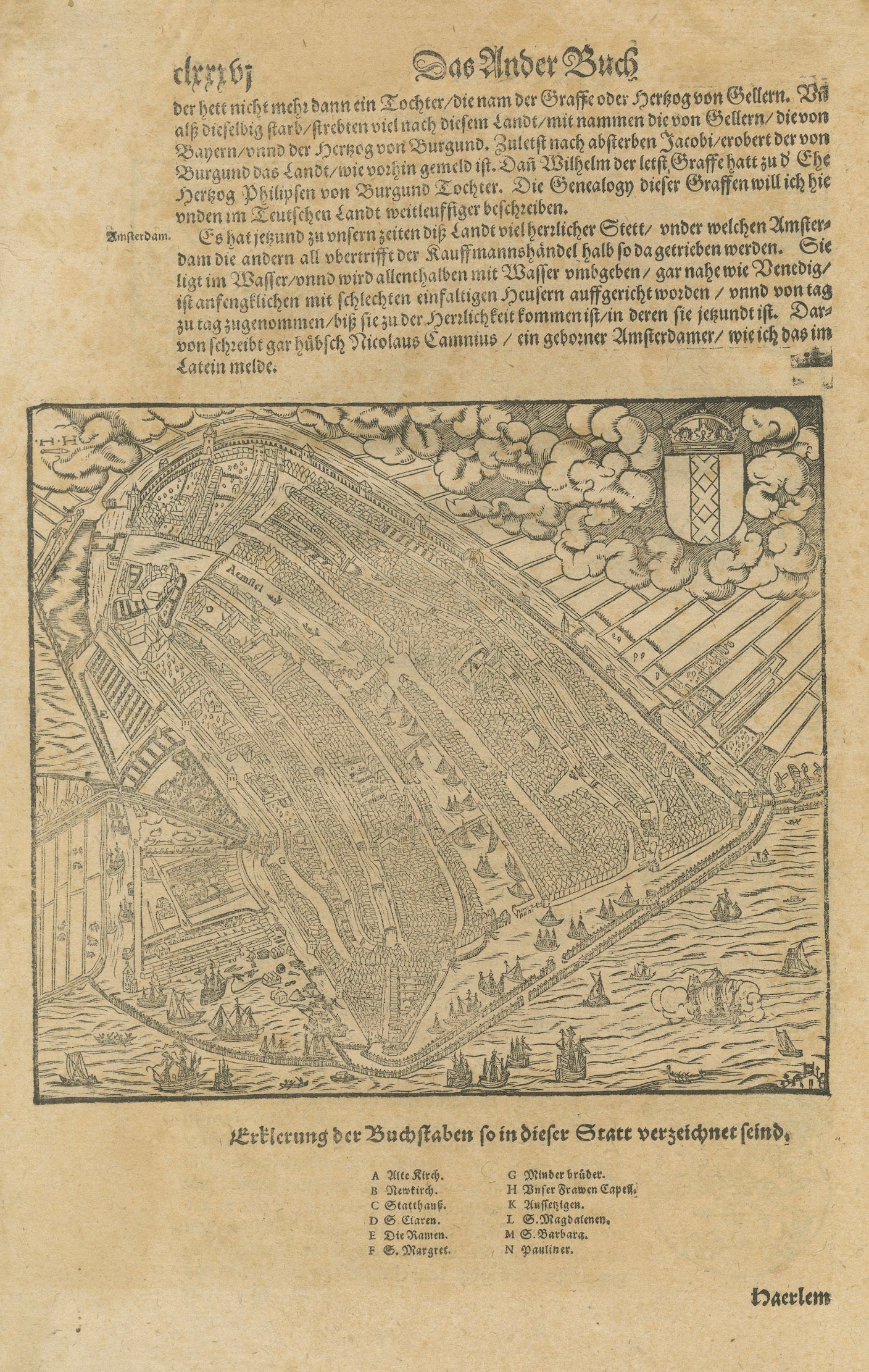 Antique Haarlem Map, Sebastian Münster Cosmographia Woodcut, c.1575