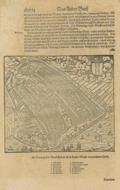 Antique Haarlem Map, Sebastian Münster Cosmographia Woodcut, c.1575