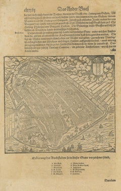 Antique Haarlem Map, Sebastian Münster Cosmographia Woodcut, c.1575