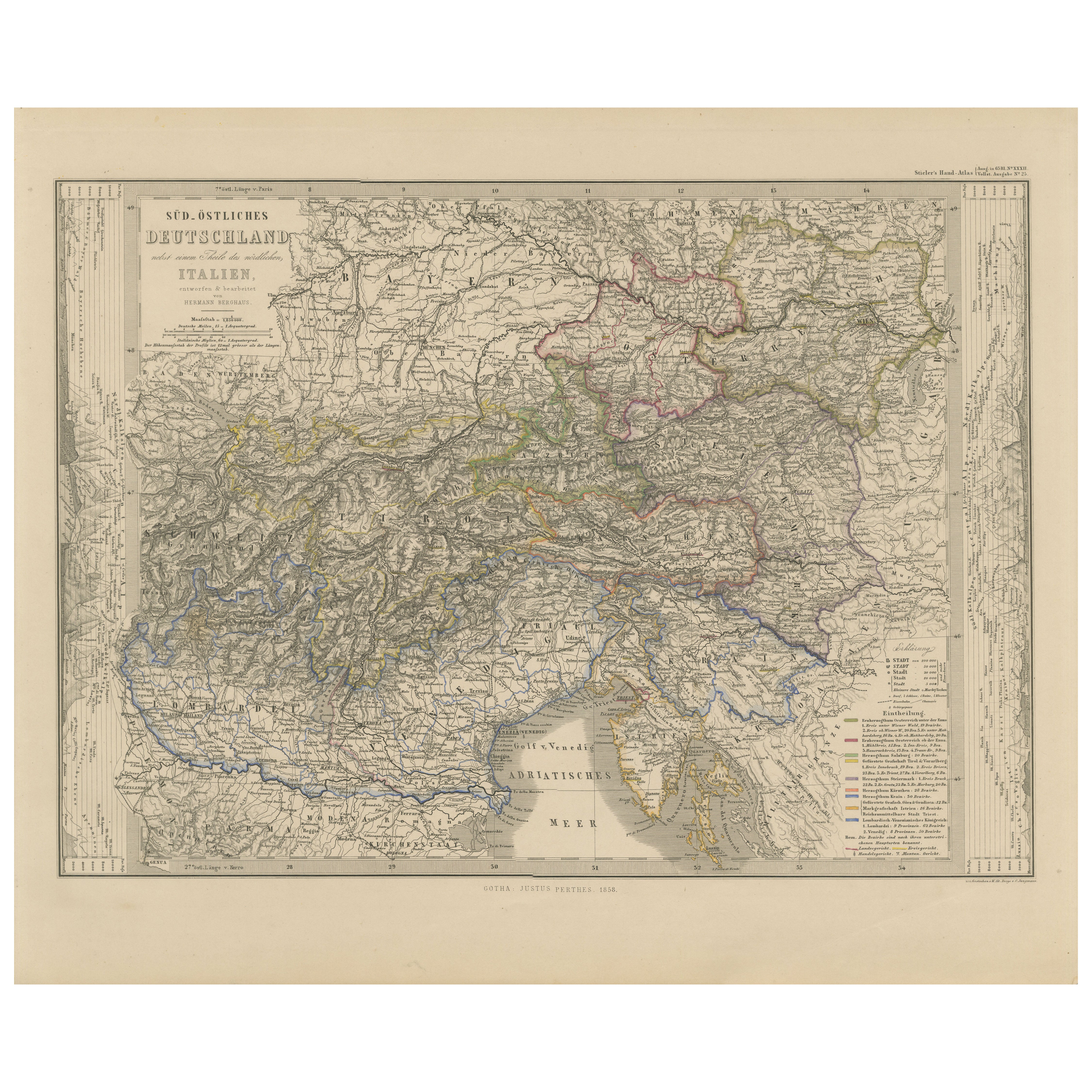 Ancienne carte de l'Empire des Habsbourg - De l'Allemagne du Sud-Est à Venise, 1858