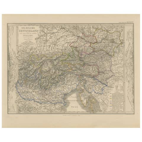 Antique Habsburg Empire Map – Southeastern Germany to Venice, 1858