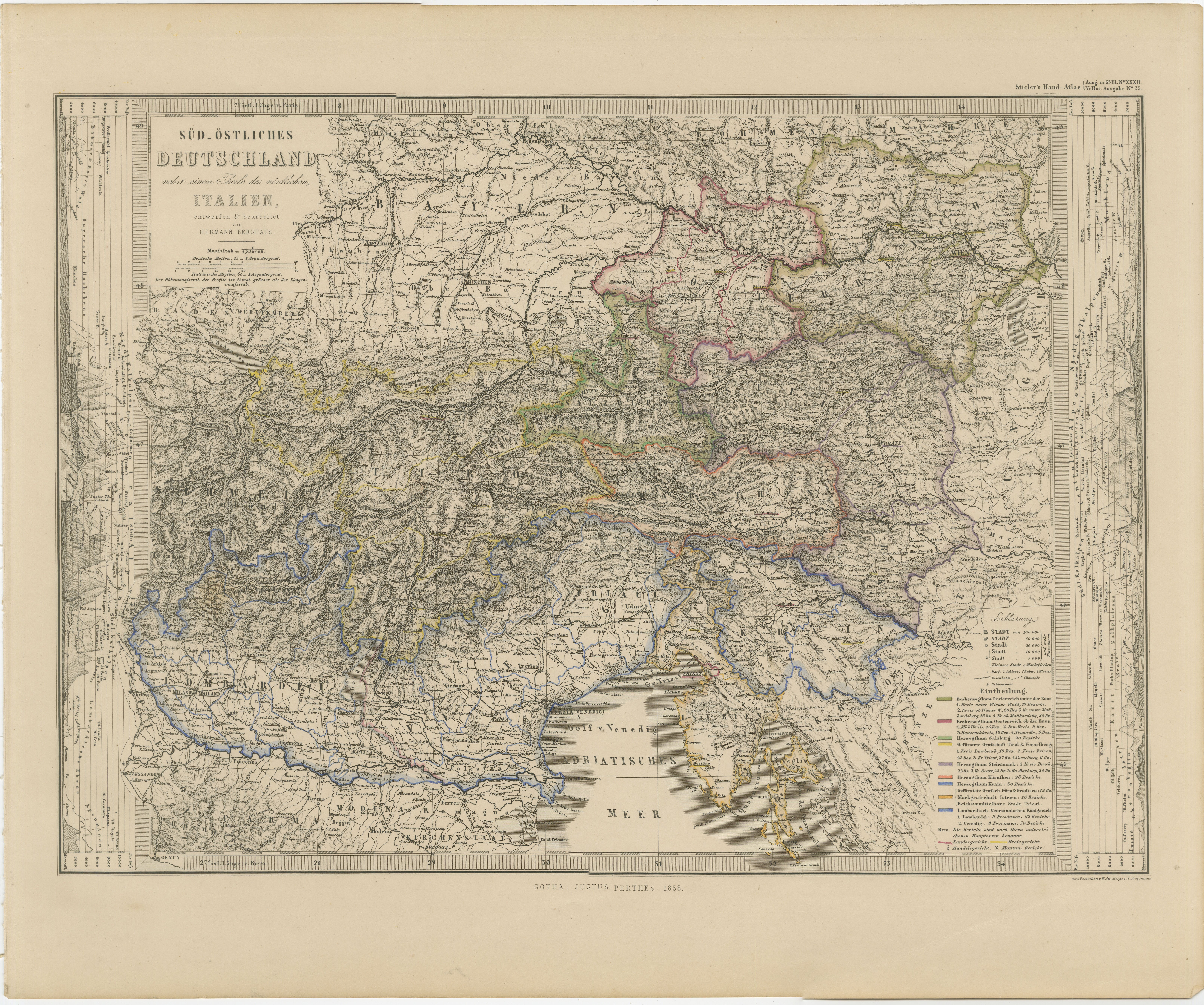 Antiguo Mapa del Imperio de los Habsburgo - Sudeste de Alemania hasta Venecia, 1858 en venta