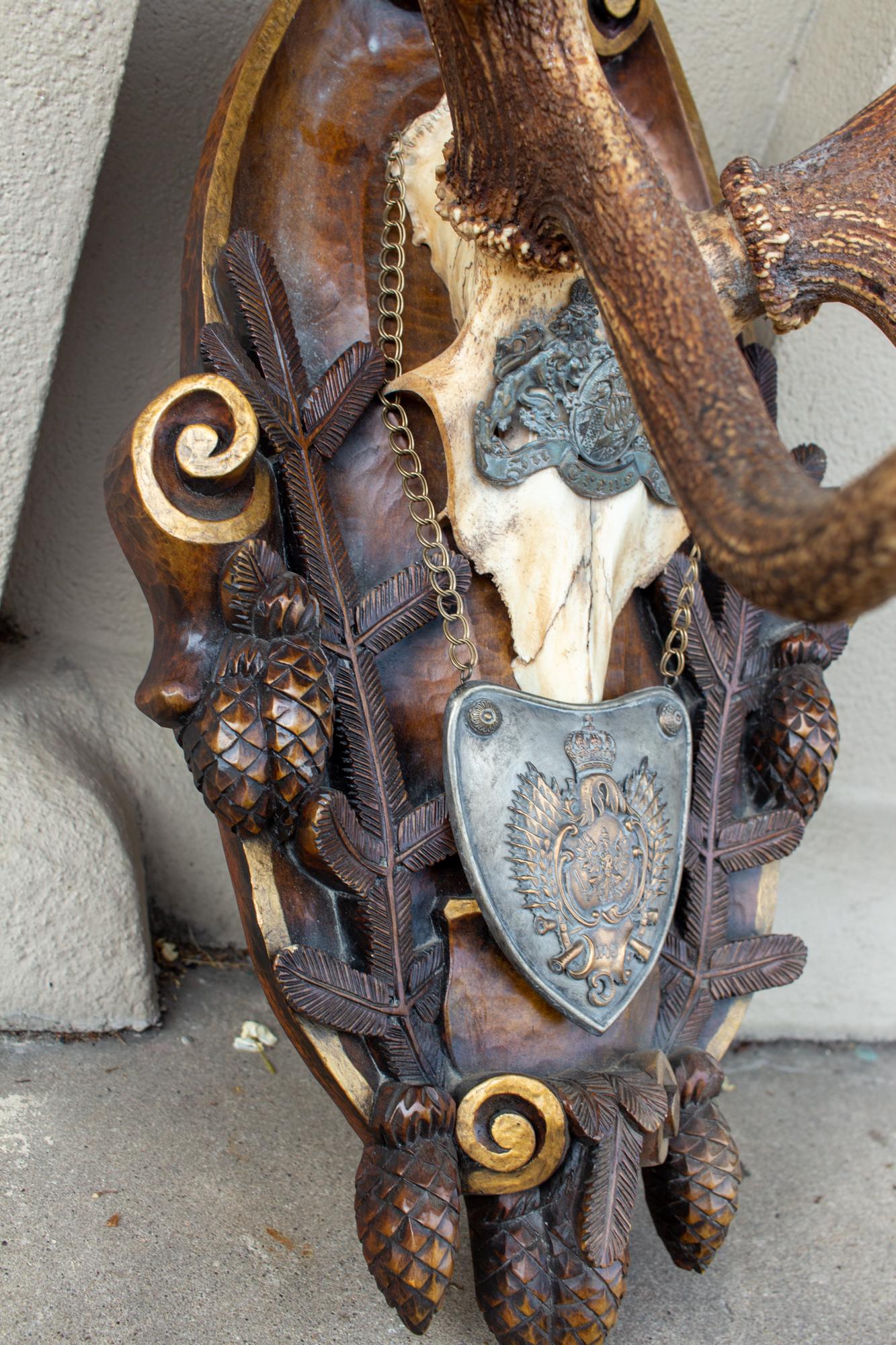 Bone Antique Habsburg Red Stag Trophy on Hand Carved Black Forest Plaque with Gorget