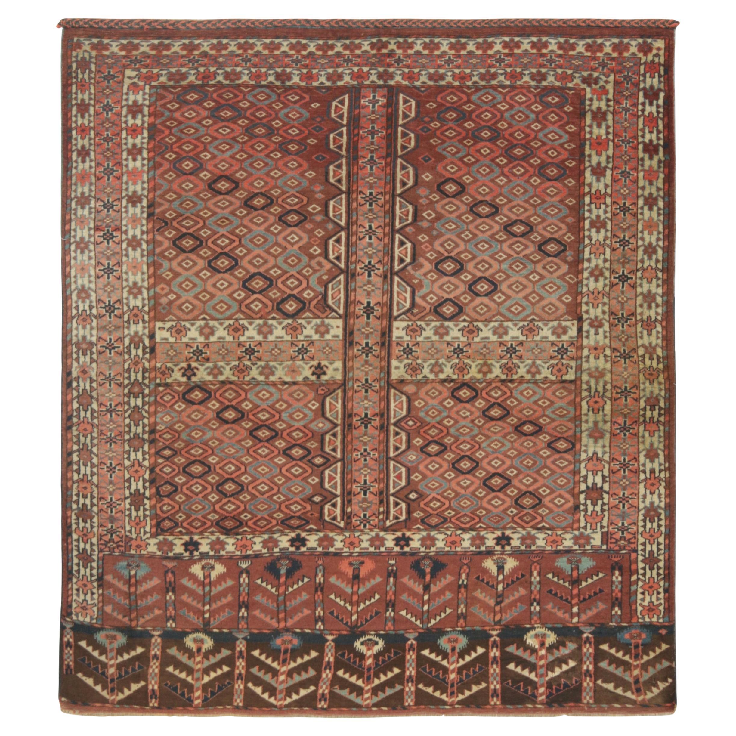 Antique Hachli Persian Rug, Brown and Red with Geometric Patterns - Rug & Kilim