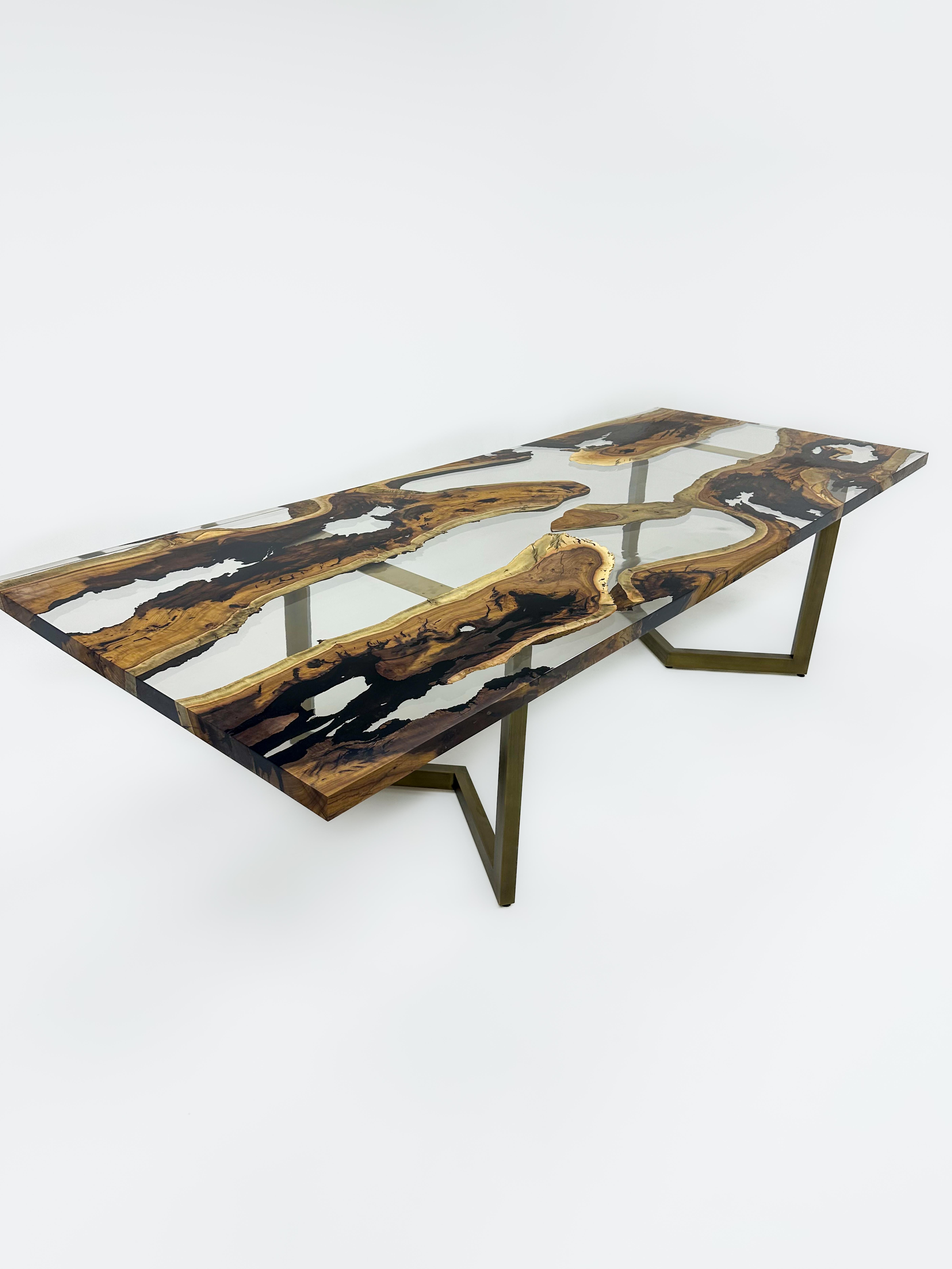 Contemporary Antique Hackberry Wood Clear Epoxy Resin Dining Table For Sale
