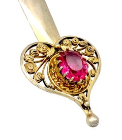 Antique Hair Pin Head Ornament Gilt Silver Red Glass Heart Oak Leaves (épingle à cheveux)