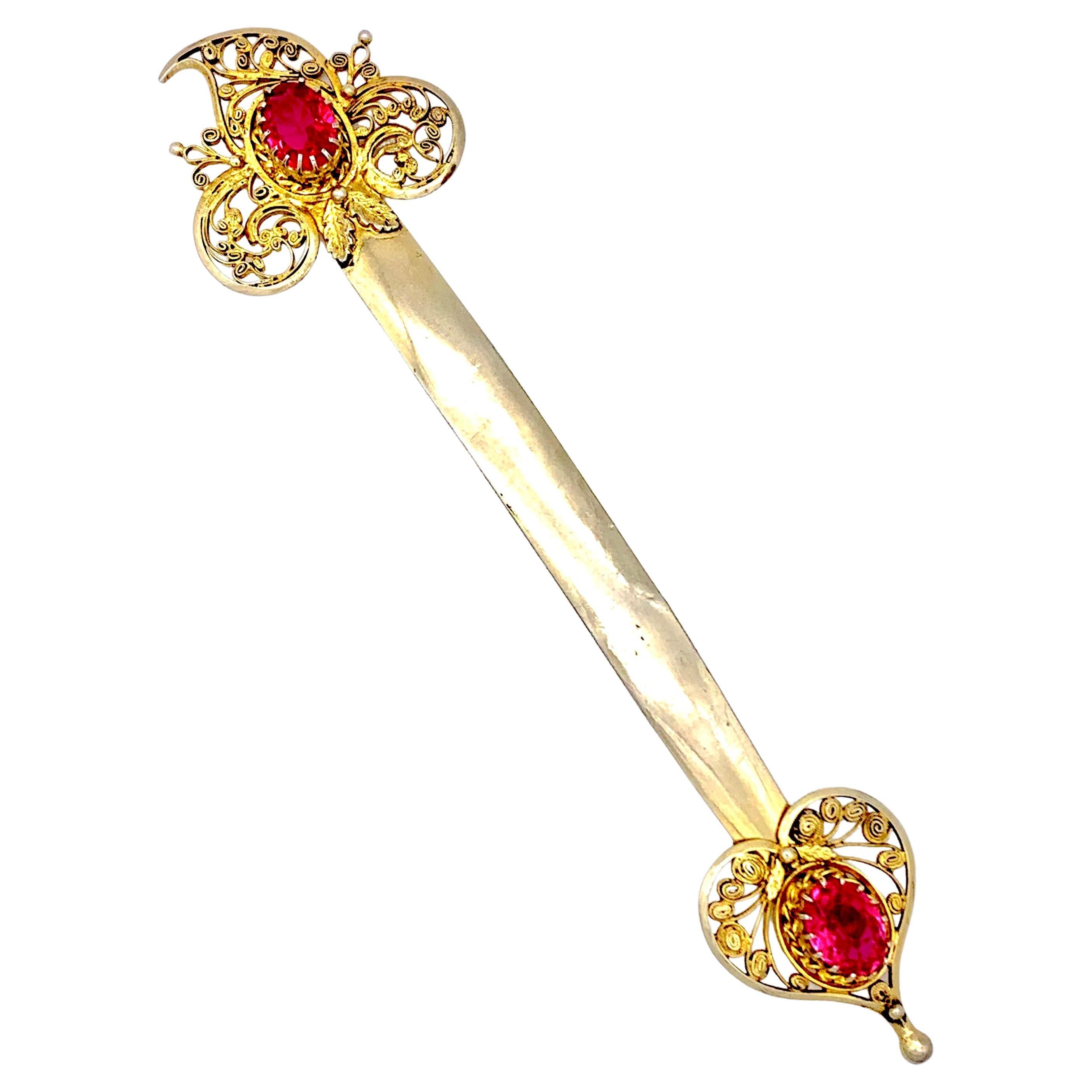 Antique Hair Pin Head Ornament Gilt Silver Red Glass Heart Oak Leaves (épingle à cheveux)  en vente