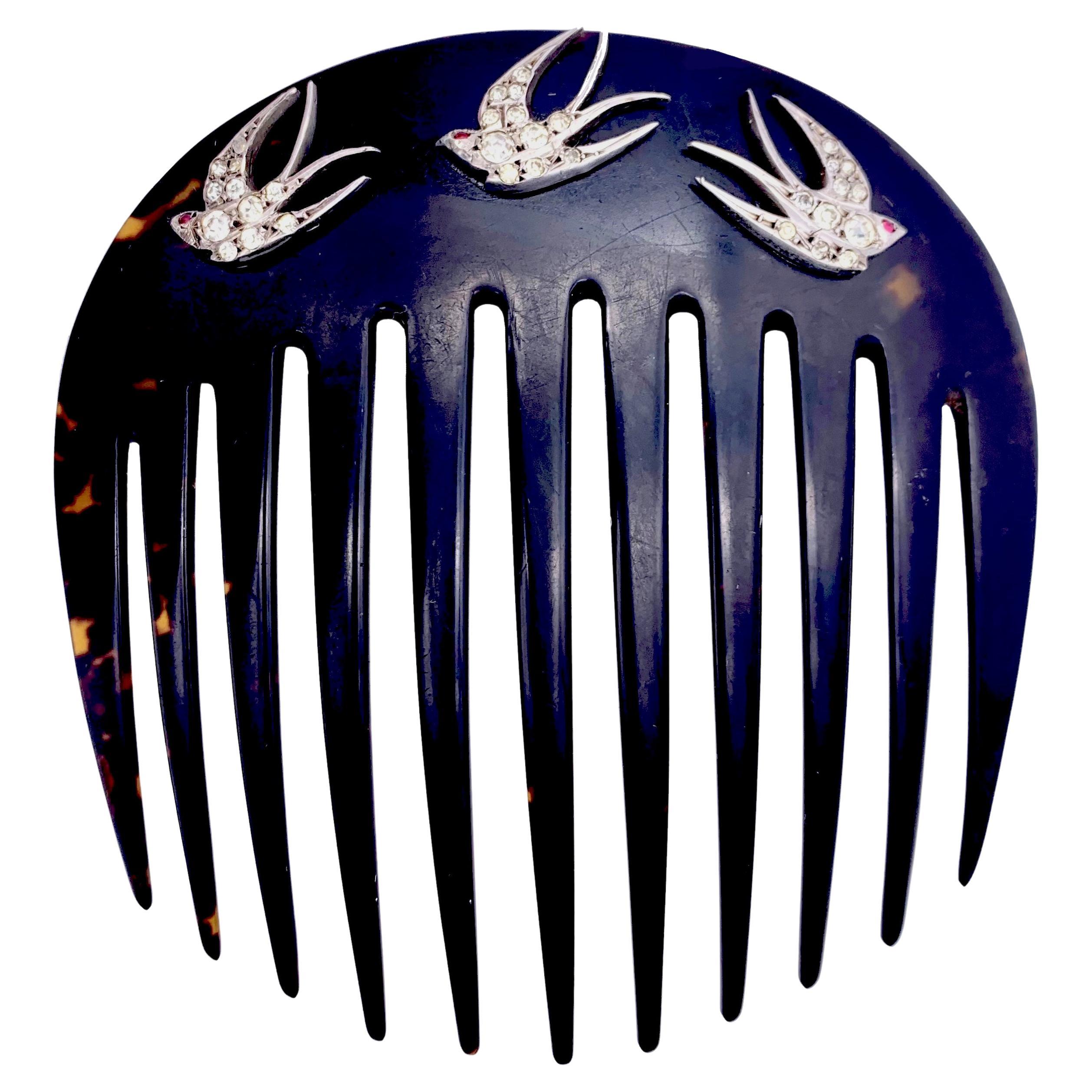 Antique Haircomb Silver Paste Swallows Celluloid For Sale