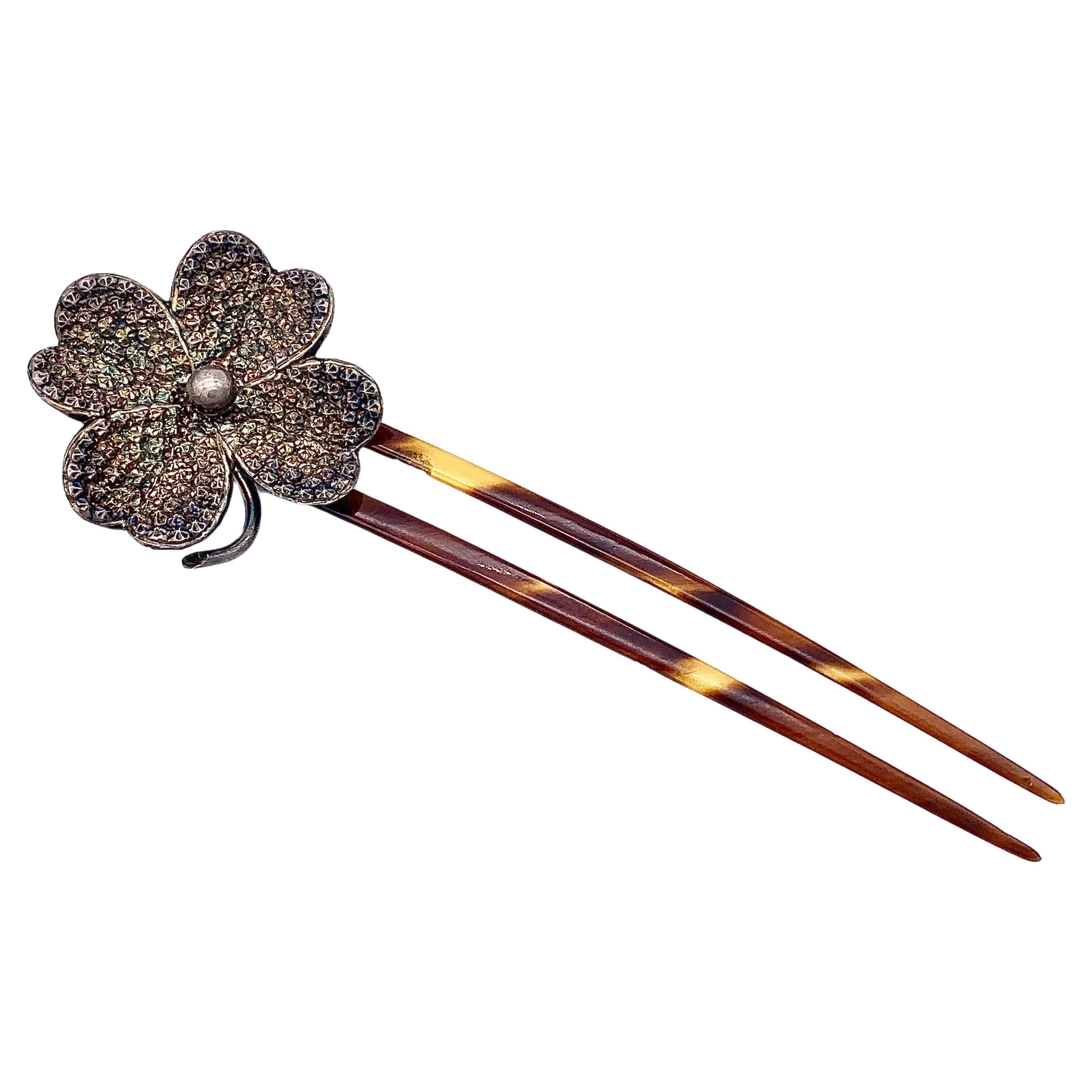 Antique Hairpin Hair Ornament Four Leaf Clover Good Luck Silver Celluloid For Sale