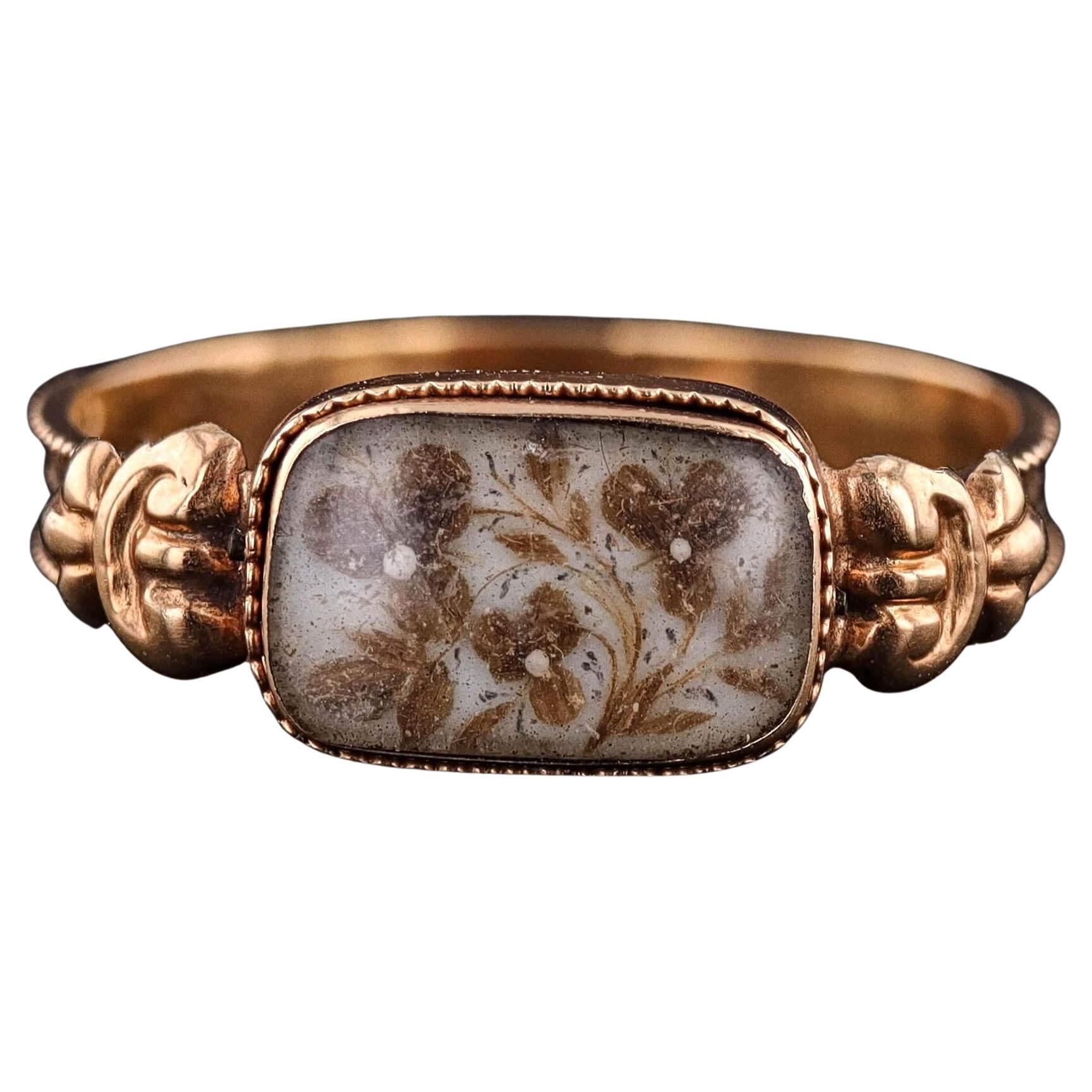 Antique Hairwork Pansy Ring of 18k Gold