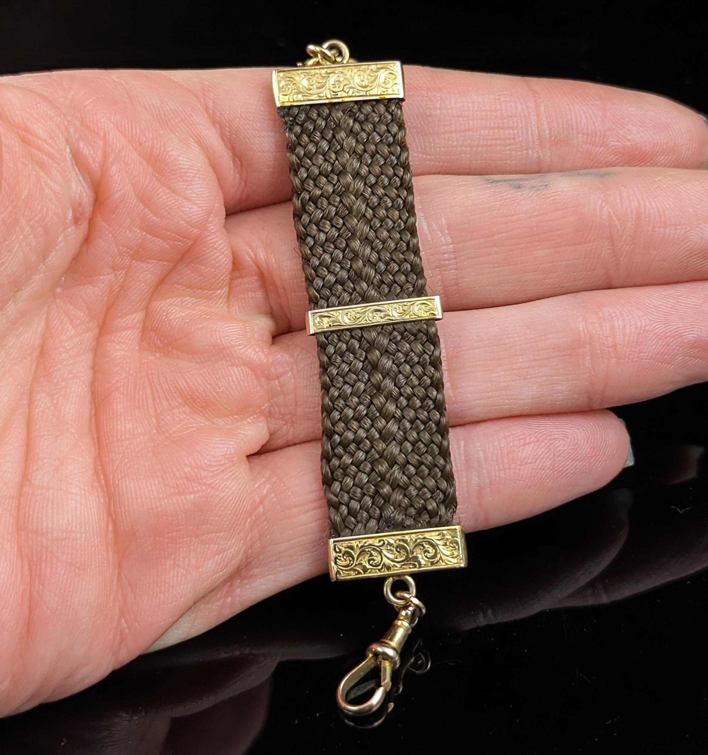 Antique Hairwork Watch fob chain, 9k gold, Victorian  In Good Condition For Sale In NEWARK, GB