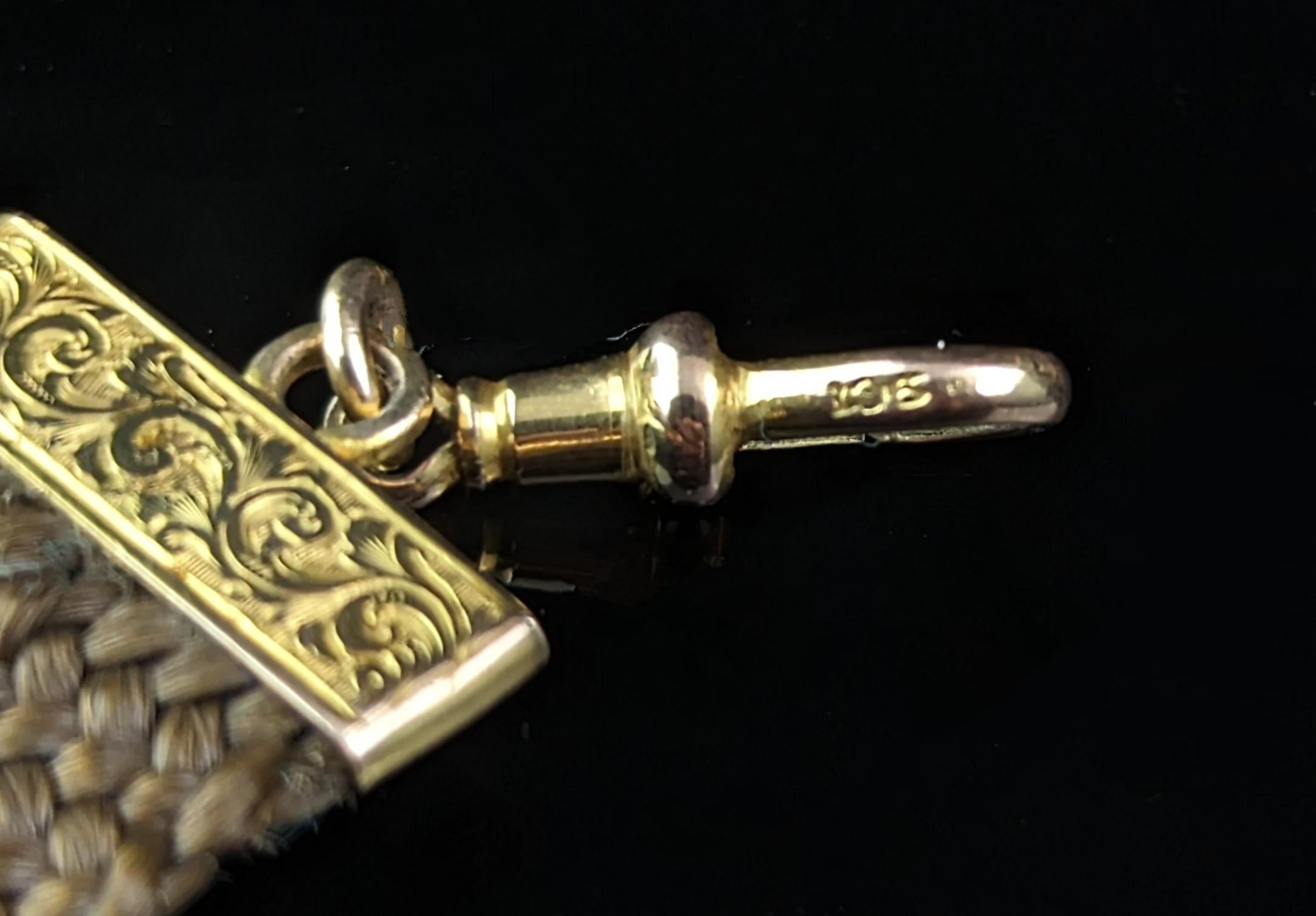Women's or Men's Antique Hairwork Watch fob chain, 9k gold, Victorian  For Sale