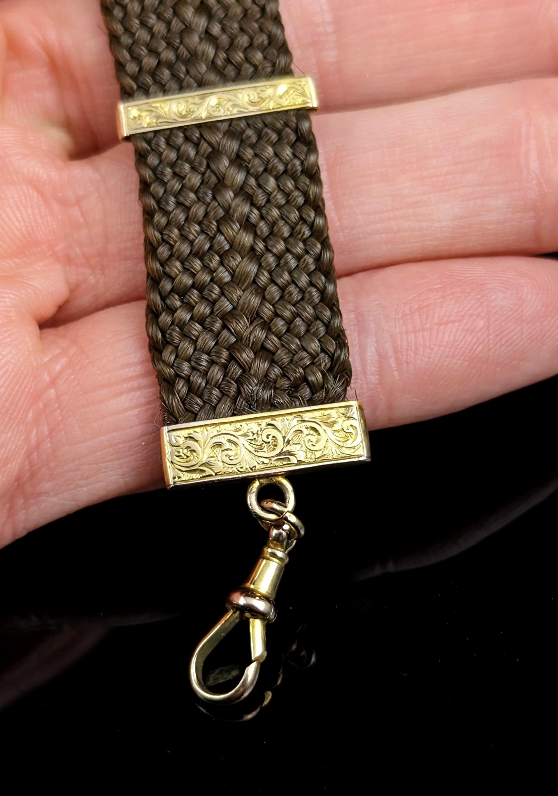 Antike Uhrenbügelkette mit Haararbeit, 9k Gold, viktorianisch  im Angebot 1